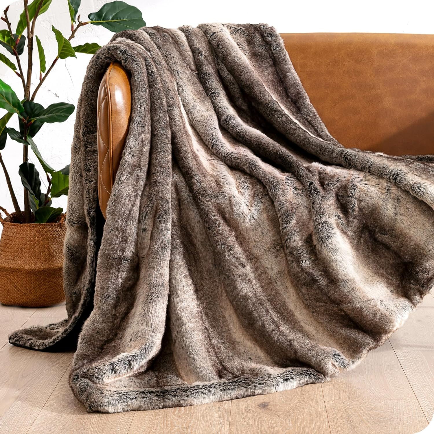 Bare Home Faux Fur Blanket - 47" x 60" - Ultra Soft Fleece - Throw, Ombre Stripe