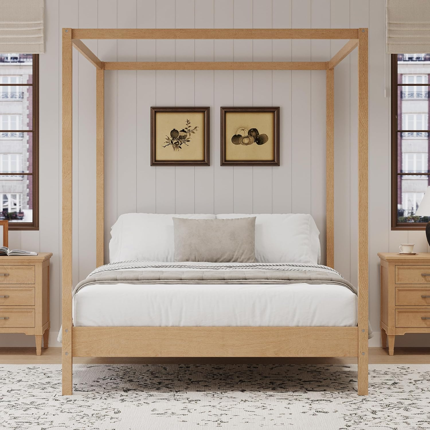 King Size Canopy Bed Wood 4 Poster Bed Frame with Slats Support, No Box Spring Needed (King)