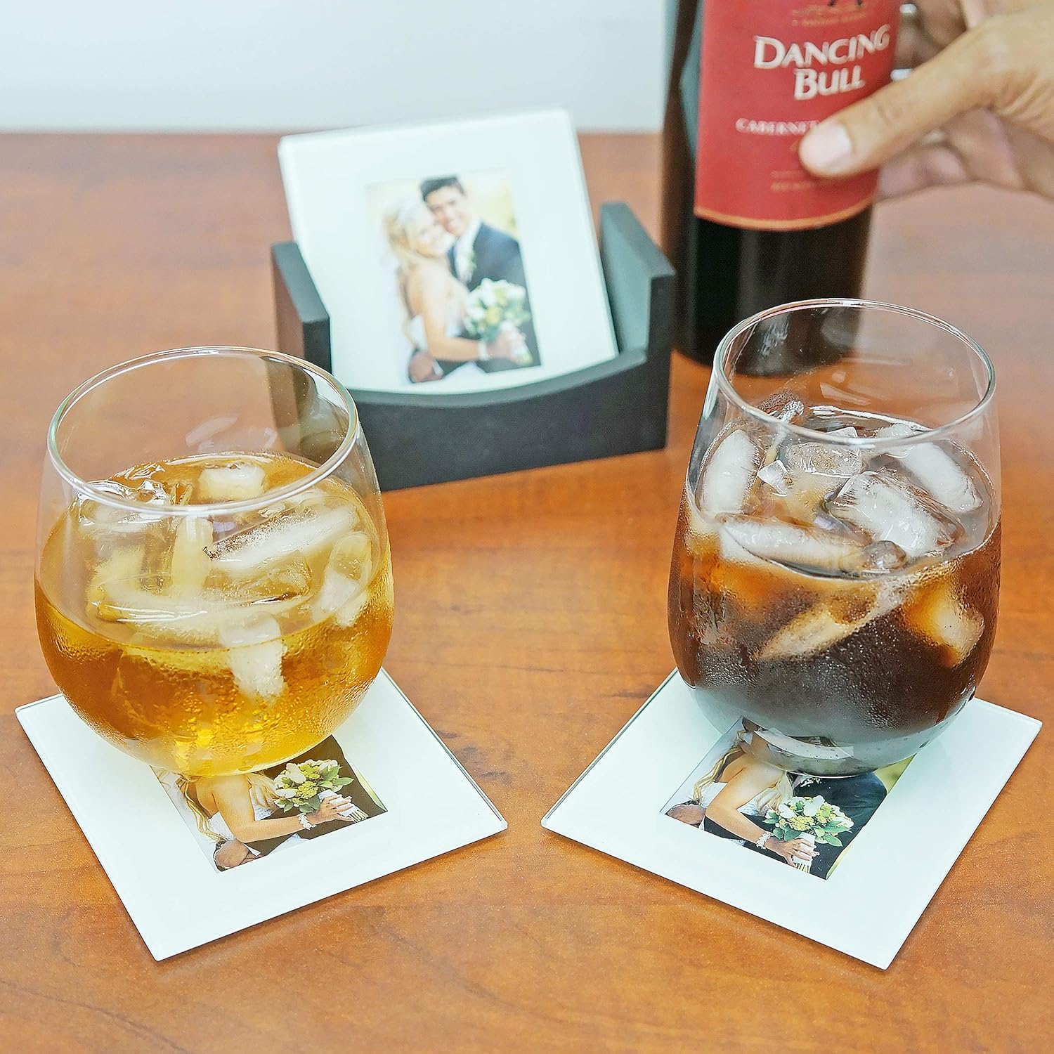 Glass Photo Frame Coasters with Wooden Rack – Customizable 2x3 Coasters, Set of 4 for Personalized Gifts & Home Décor