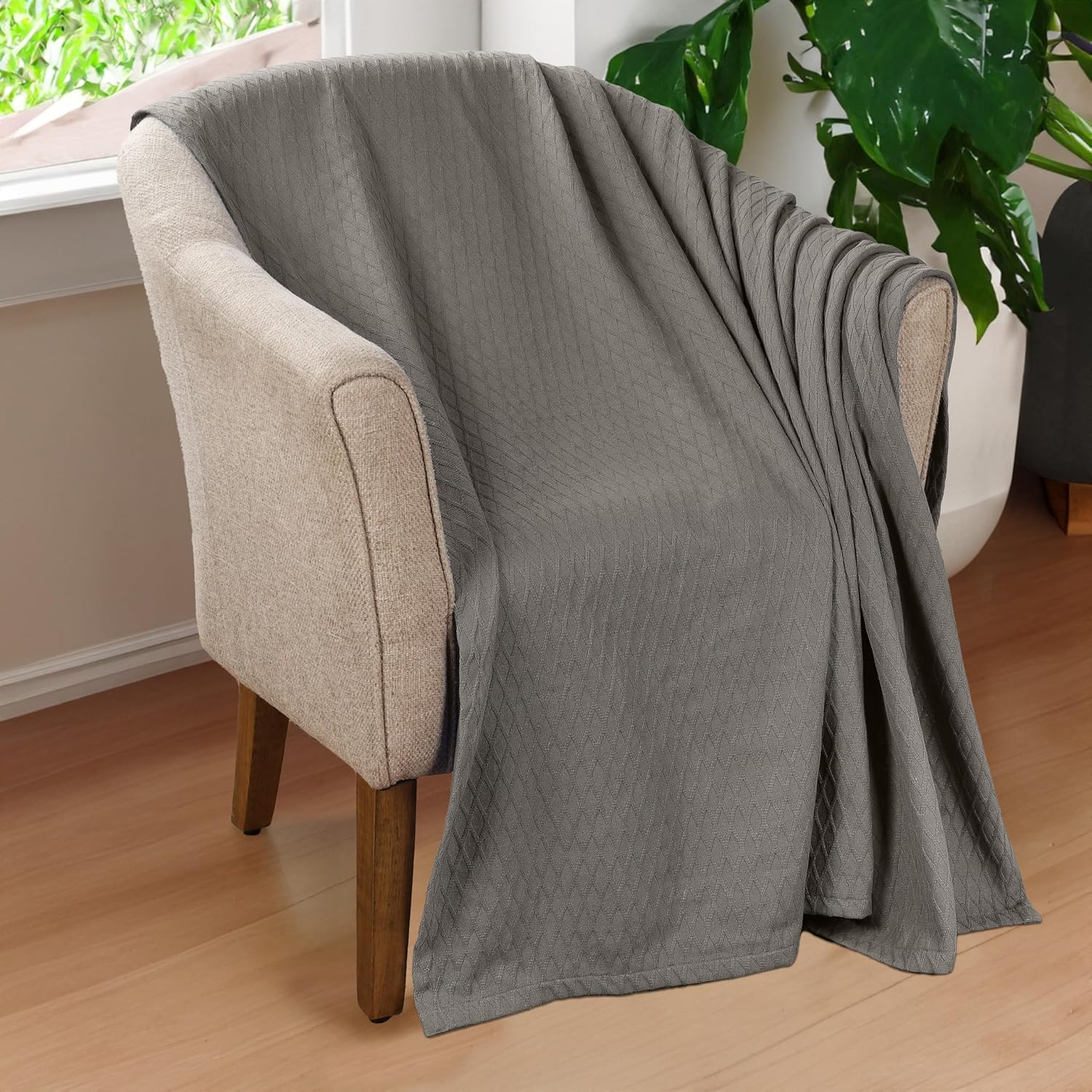 Superior Dobbyweave Knit Cotton Blanket, All Season Breathable Bed Blanket King Size, Grey