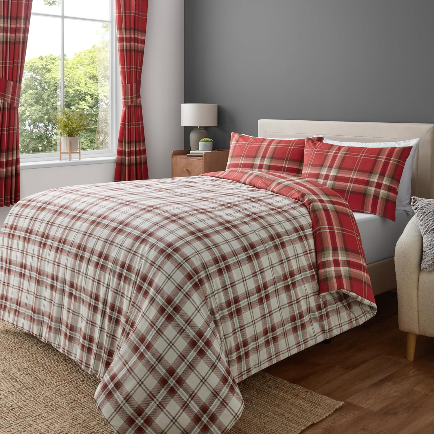 Full Red and Charcoal Cotton Tartan Duvet Cover Set