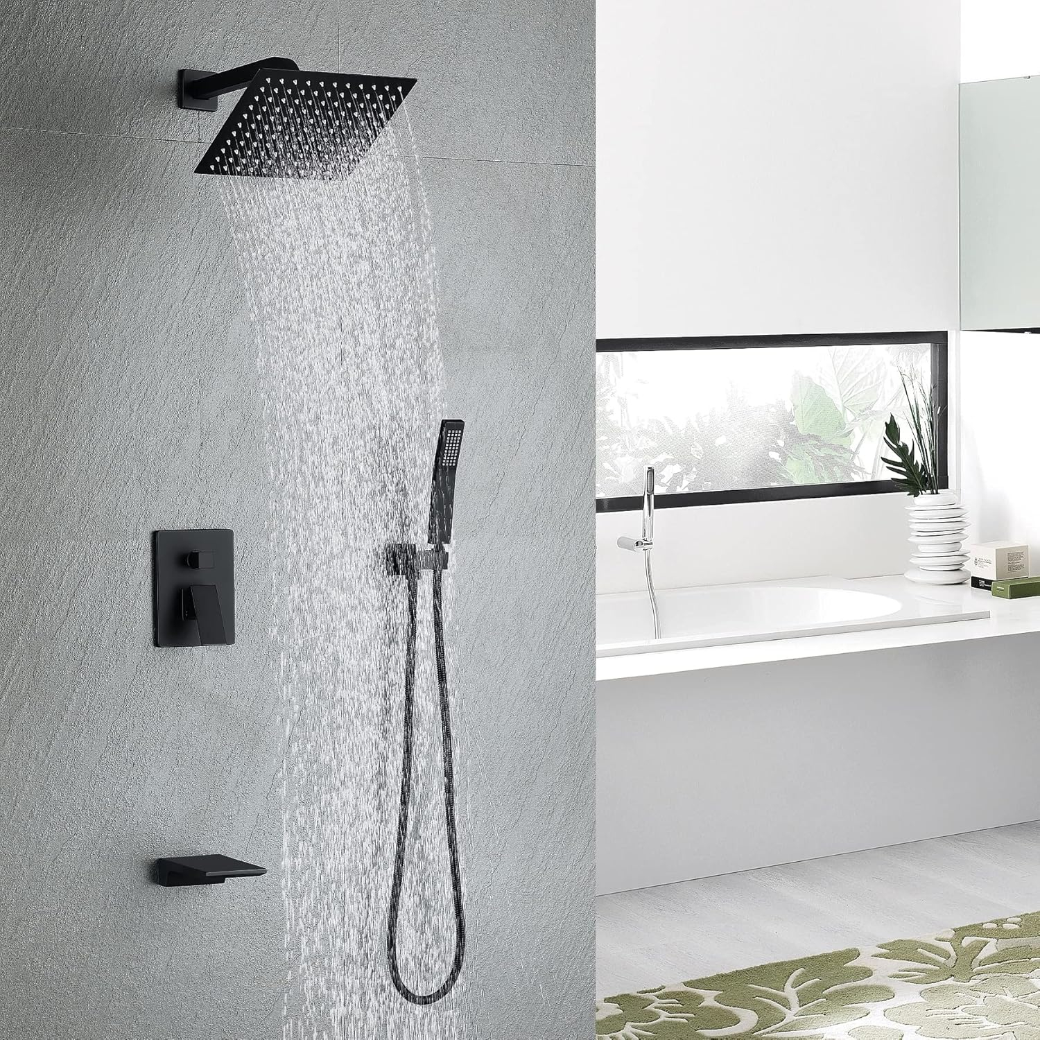 Bathtub Shower System Matte Black Shower and Tub Faucet set with 10 inch Rian Shower Head and Handheld Spray Mix Shower Combo,including Rough-in valve and Shower Trim Kit
