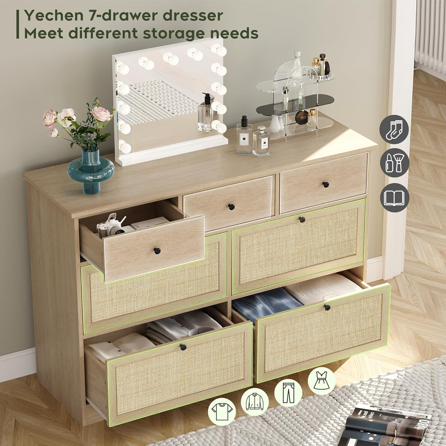 Yechen 7 Drawers Natural Rattan Dresser for Bedroom, Mid-Century Modern Natural Wood Dressers with Elegant Tabletop, Boho Chest of Drawers TV Stand with Sturdy Base for Living Room, Baby Nursery
