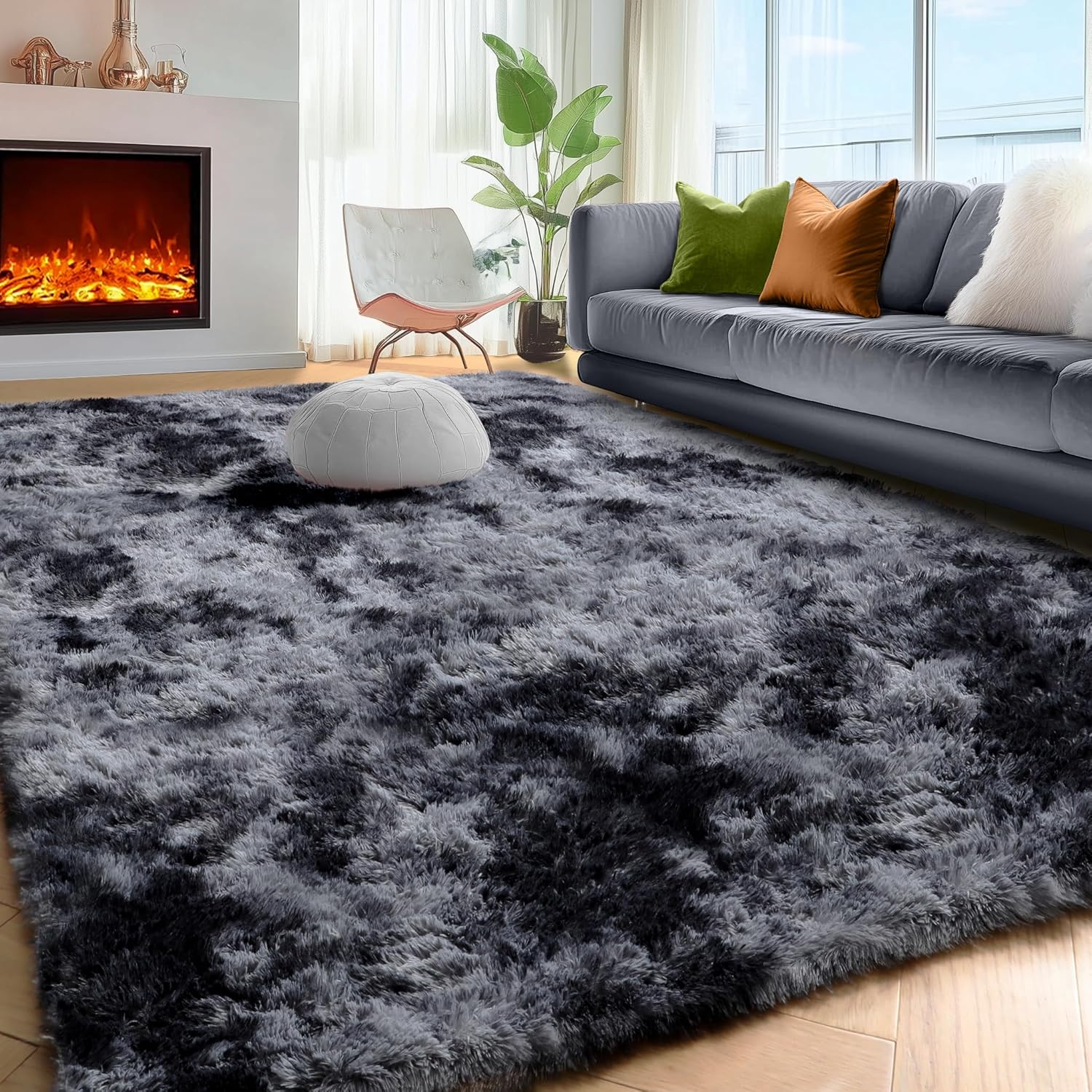 PAGISOFE Abstract Shaggy Area Rug 4' x 6' Plush Furry Rugs for Living Room, Tie-Dyed Dark Grey Soft Fluffy Rugs for Bedroom Grils Boys, Fuzzy Rugs for Nursery, Dorm. Shag Carpet for Kids Room Decor