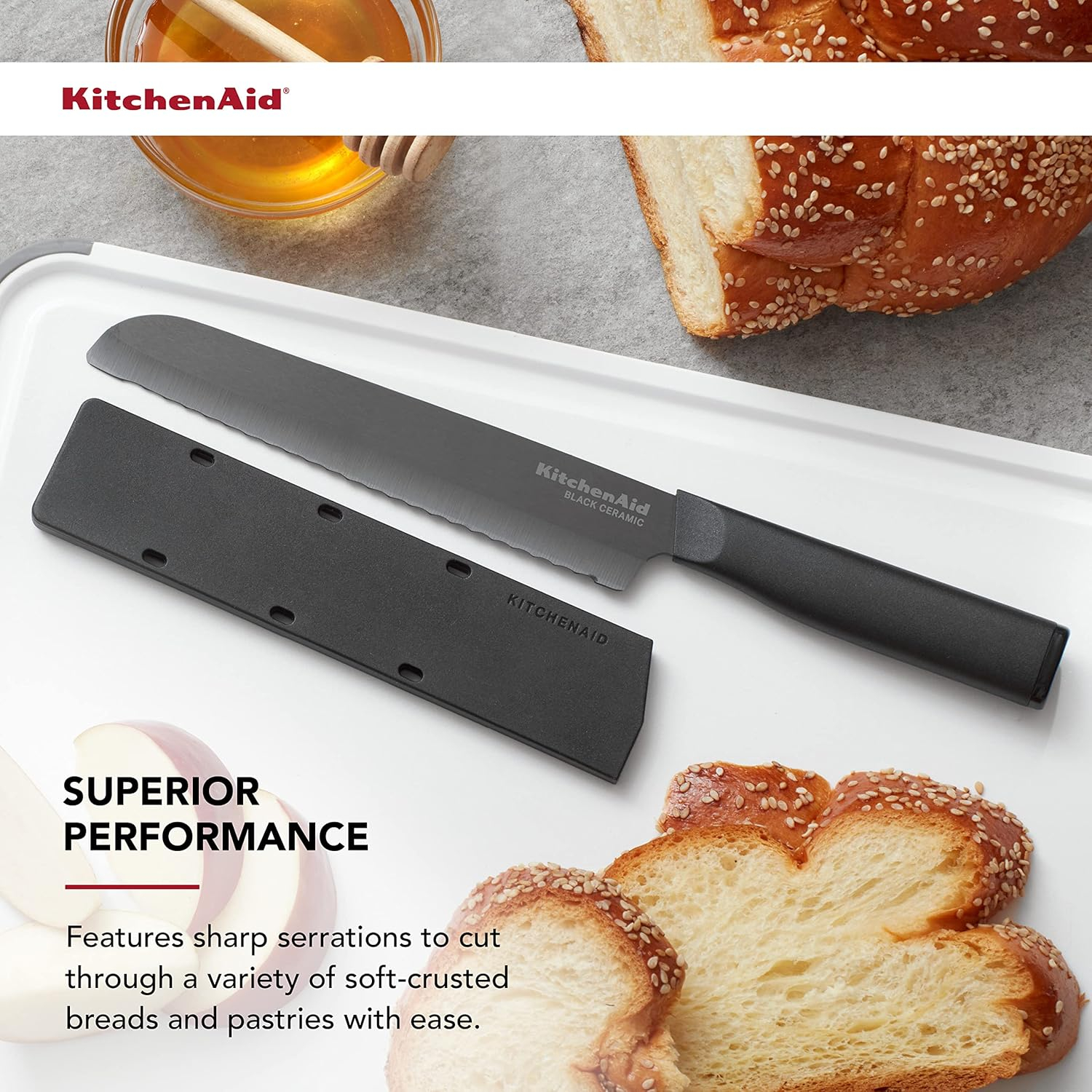 Kitchenaid Classic Ceramic Serrated Bread Knife with Endcap and Blade Cover, 6-inch, Black