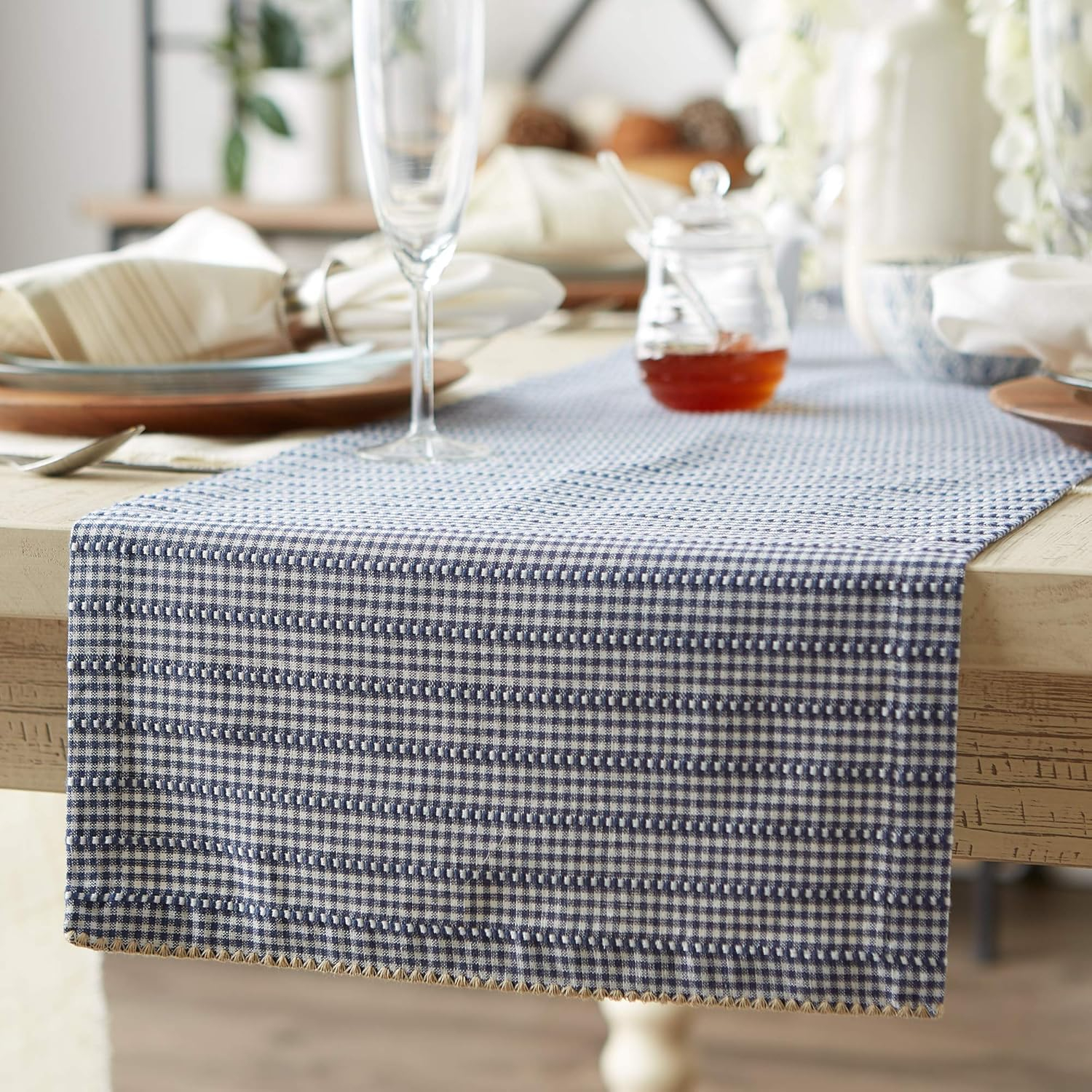 Contemporary Home Living 14" x 72" White and  French Blue Farmhouse Gingham Table Runner