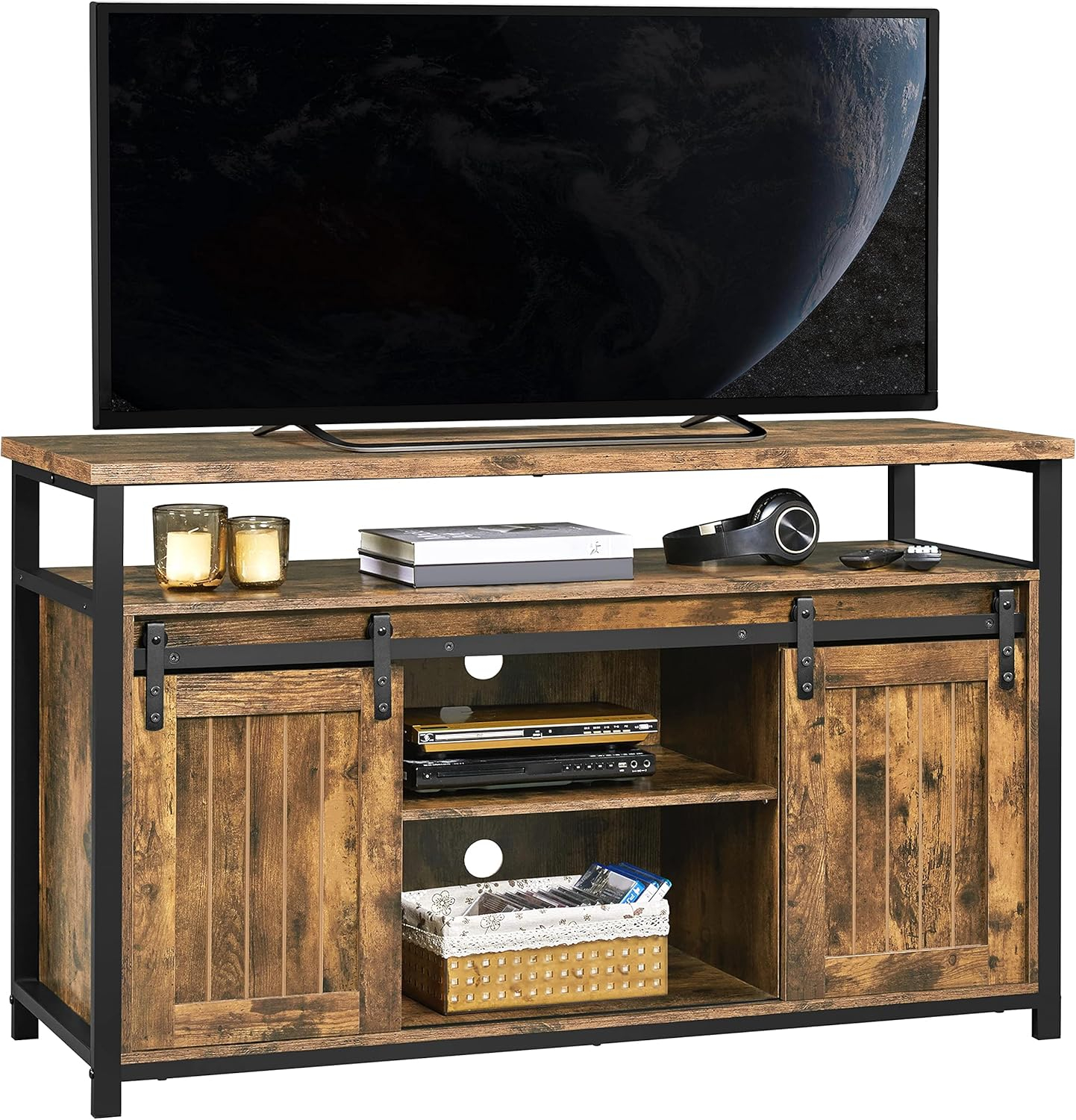 Alden Design Industrial Wooden Television Stand with Sliding Barn Doors for TVs up to 65in, Rustic Brown
