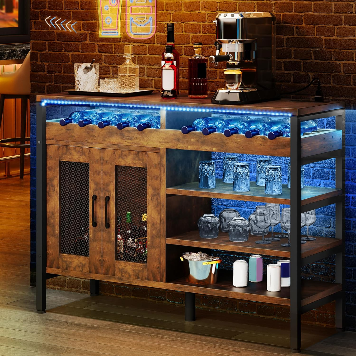 YITAHOME Wine Bar Cabinet with Power Outlets and LED Lights, Industrial Coffee Bar Cabinets for Liquor and Glasses Home Bar Kitchen Buffet Cabinet for Home Living Dining Room 47"