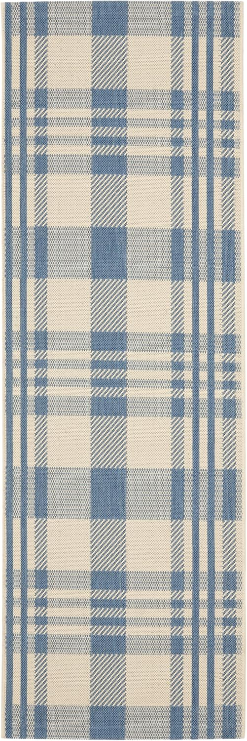 SAFAVIEH Courtyard Benjamin Plaid Indoor/Outdoor Runner Rug, 2'3" x 6'7", Beige/Blue