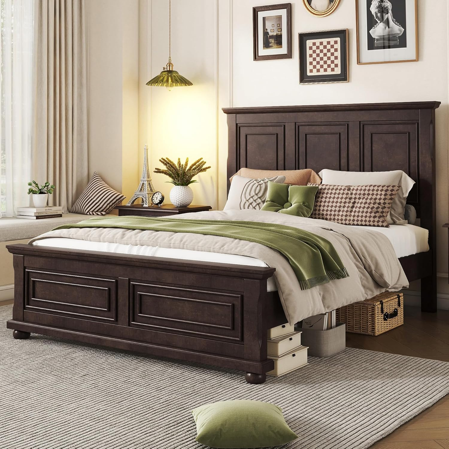 King Size Platform Bed with Tall Headboard & Footboard, Pinewood King Bed Frame with Wood Panel Bed Base, No Squeak, No Box Spring Needed, Traditional Style, Brown