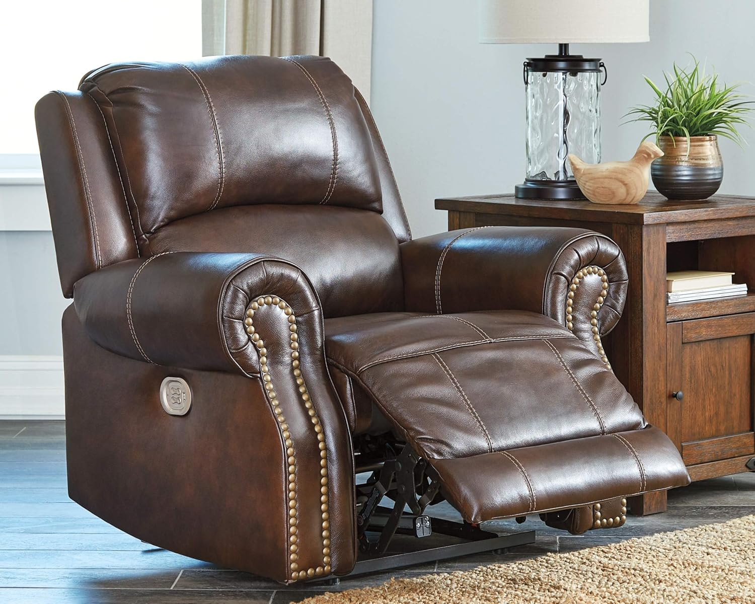 Traditional Brown Leather Power Recliner with Nailhead Trim