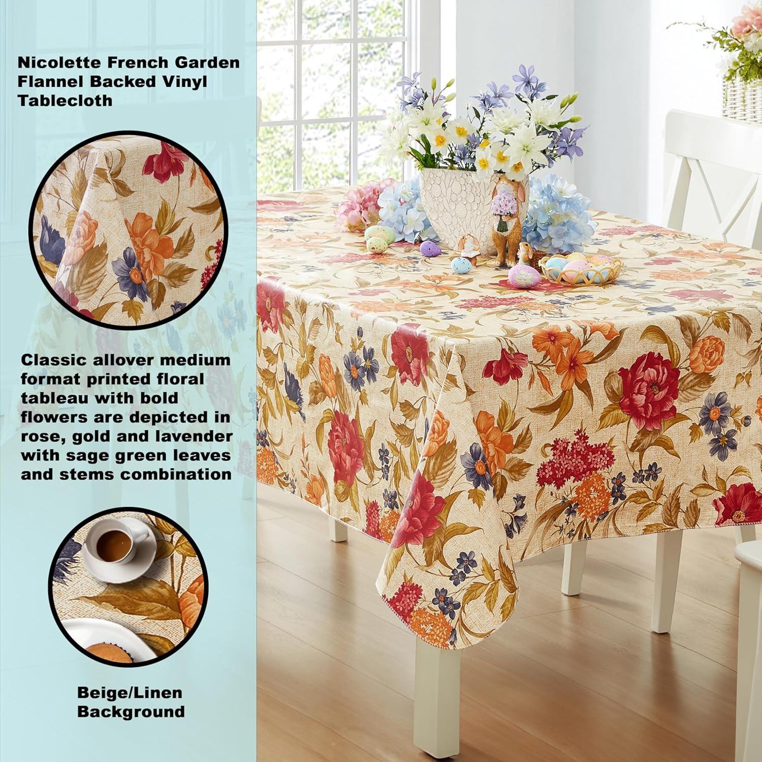 Newbridge Nicolette French Floral Garden 52 x 52 inch Square Flannel Backed Vinyl Tablecloth