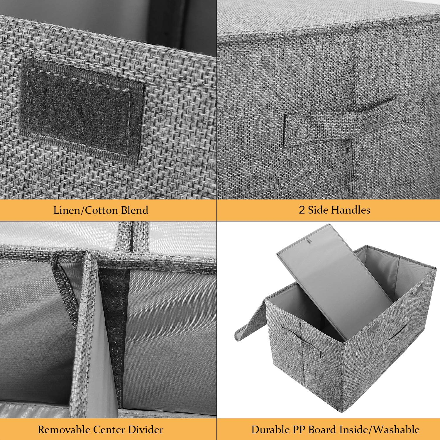 2 Pack Storage Boxes with Lids and Handles, Collapsible Linen Storage Bins Organizer Containers Baskets Cube with Removable Divider for Home Bedroom Closet Office (Cream, Large)