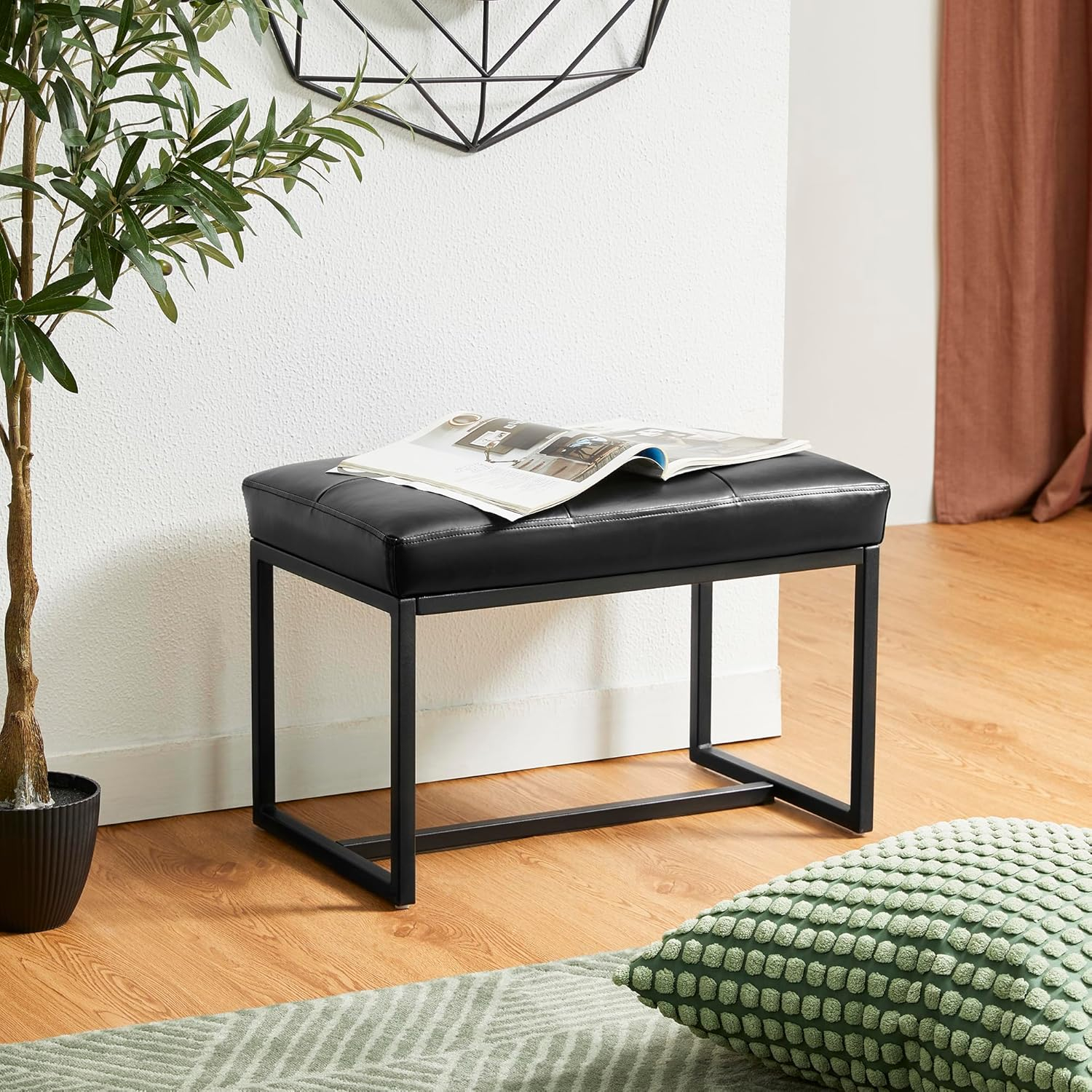 Modern Black Faux Leather Tufted Ottoman with Metal Frame