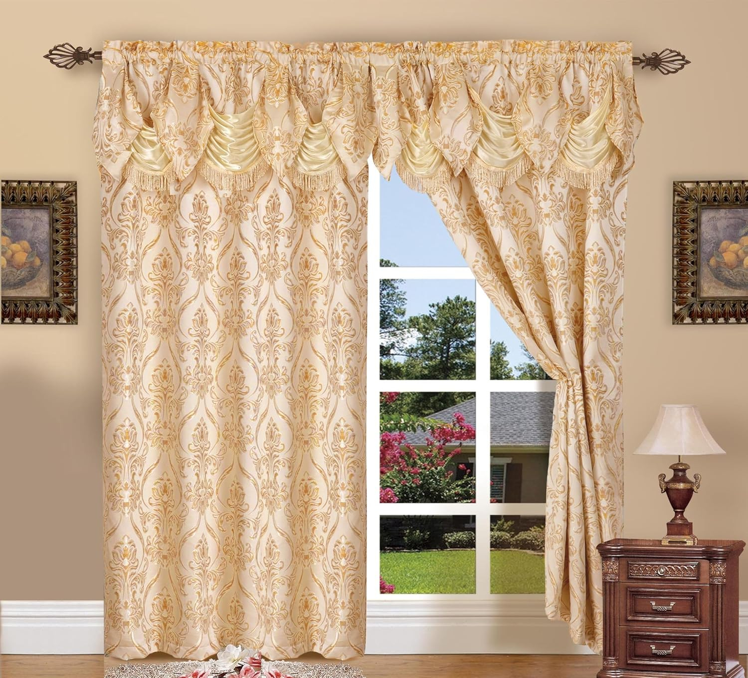 Curtain Panel Set with Attached Waterfall Valance, Jacquard Fabric, (SET of 2), 54 x 84 Inches, Sage Green