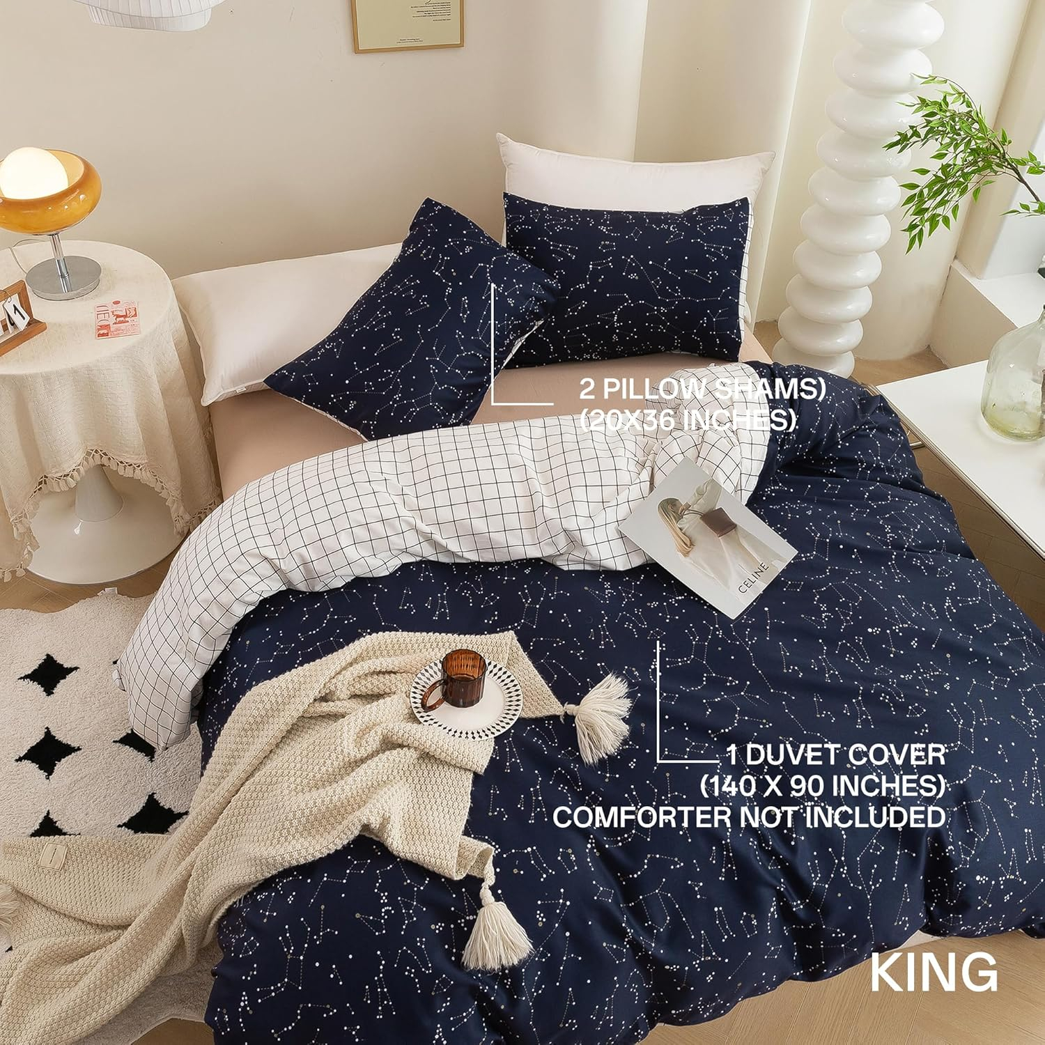 ECOCOTT Duvet Cover King, 3 Pieces 100% Natural Cotton 1 Duvet Cover +2 Pillowcases Bedding Set,Navy and Cosmic Constellation Reversible Printed Pattern Breathable and Durable Duvet Cover King Size