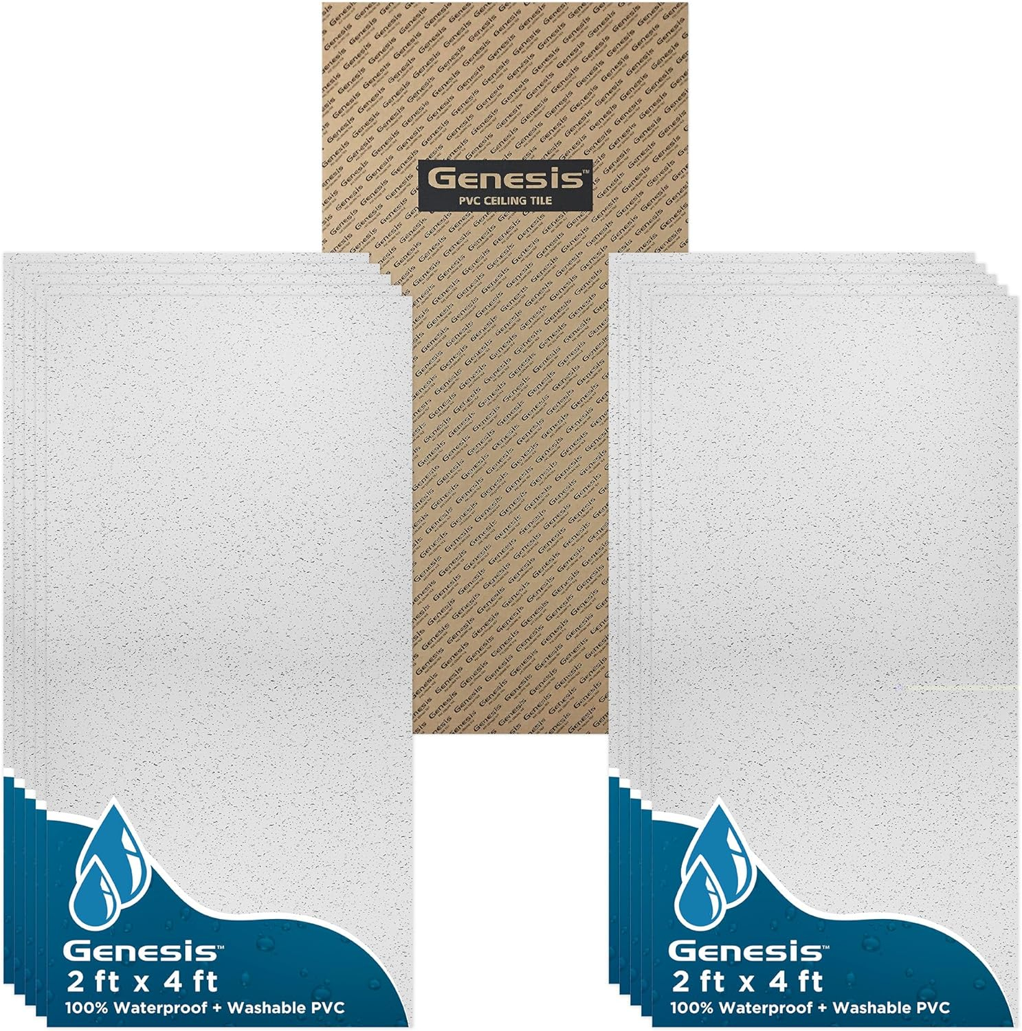 Genesis 2ft x 4ft Printed Pro Ceiling Tiles - Easy Drop-in Installation - Waterproof, Washable and Fire-Rated - High-Grade PVC to Prevent Breakage - Package of 10 Tiles