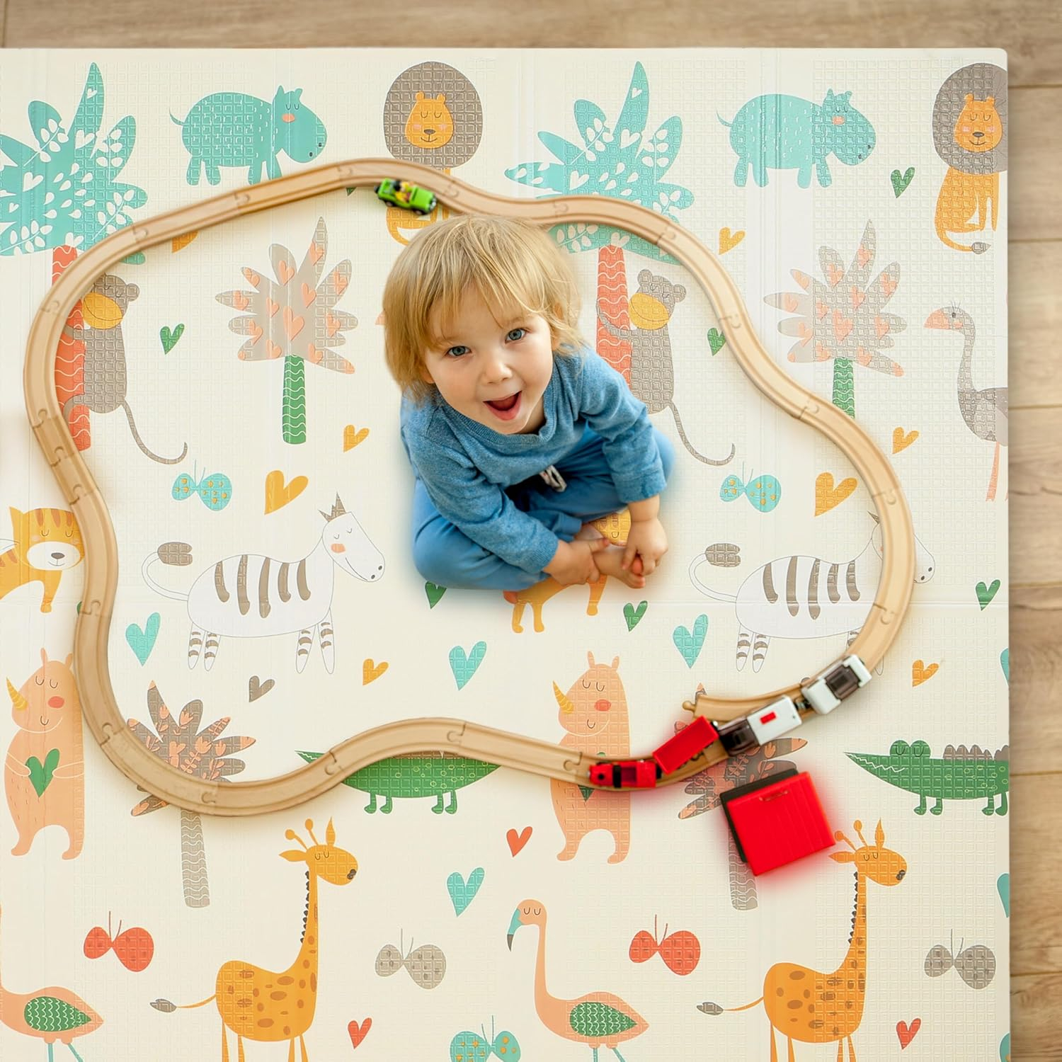 Bammax Waterproof Foam Padded Baby Play Mat with Dinosaurs & Safari Animals Design, Reversible & Foldable Floor Mat, 70” x 78”