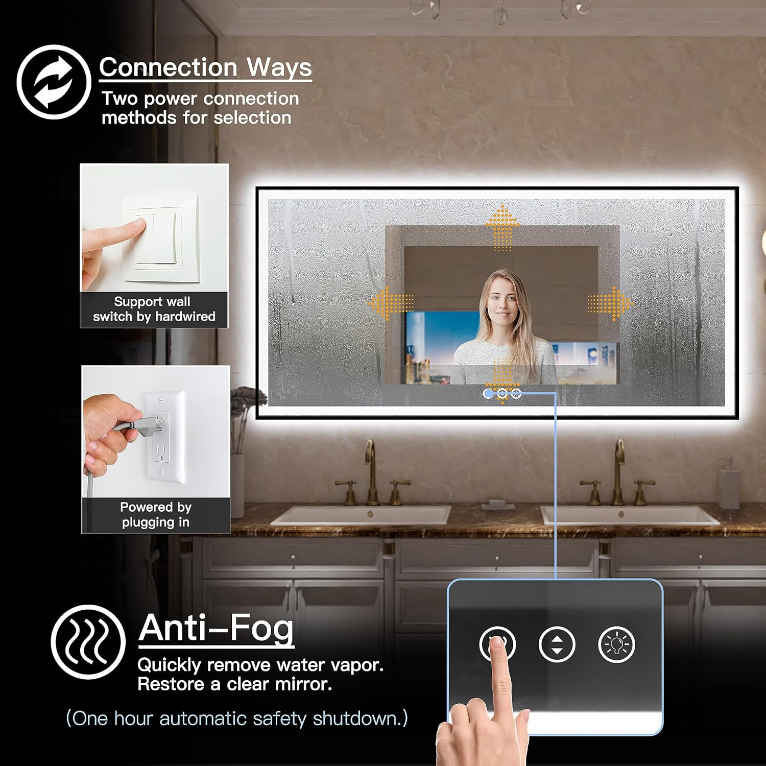 Large LED Bathroom Mirror 72x32 with Backlit and Front Lighted, Framed Dimmable Illuminated Mirror for Wall Anti-Fog Shatterproof (Horizontal/Vertical)