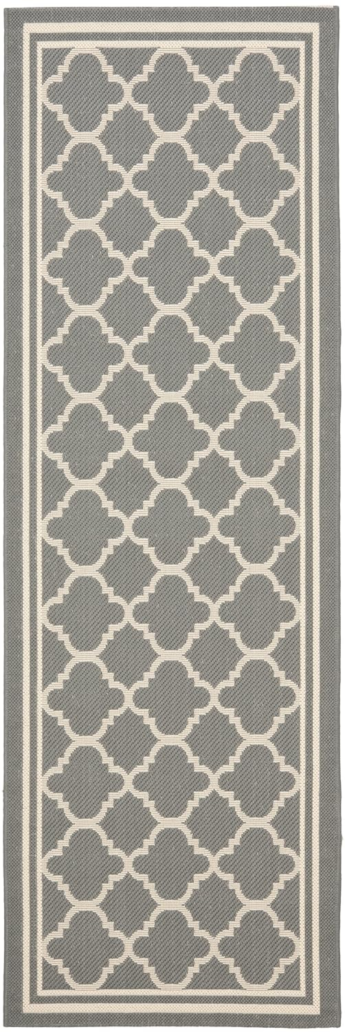 SAFAVIEH Courtyard Alina Geometric Quatrefoil Indoor/Outdoor Runner Rug, Anthracite/Beige, 2'3" x 12'