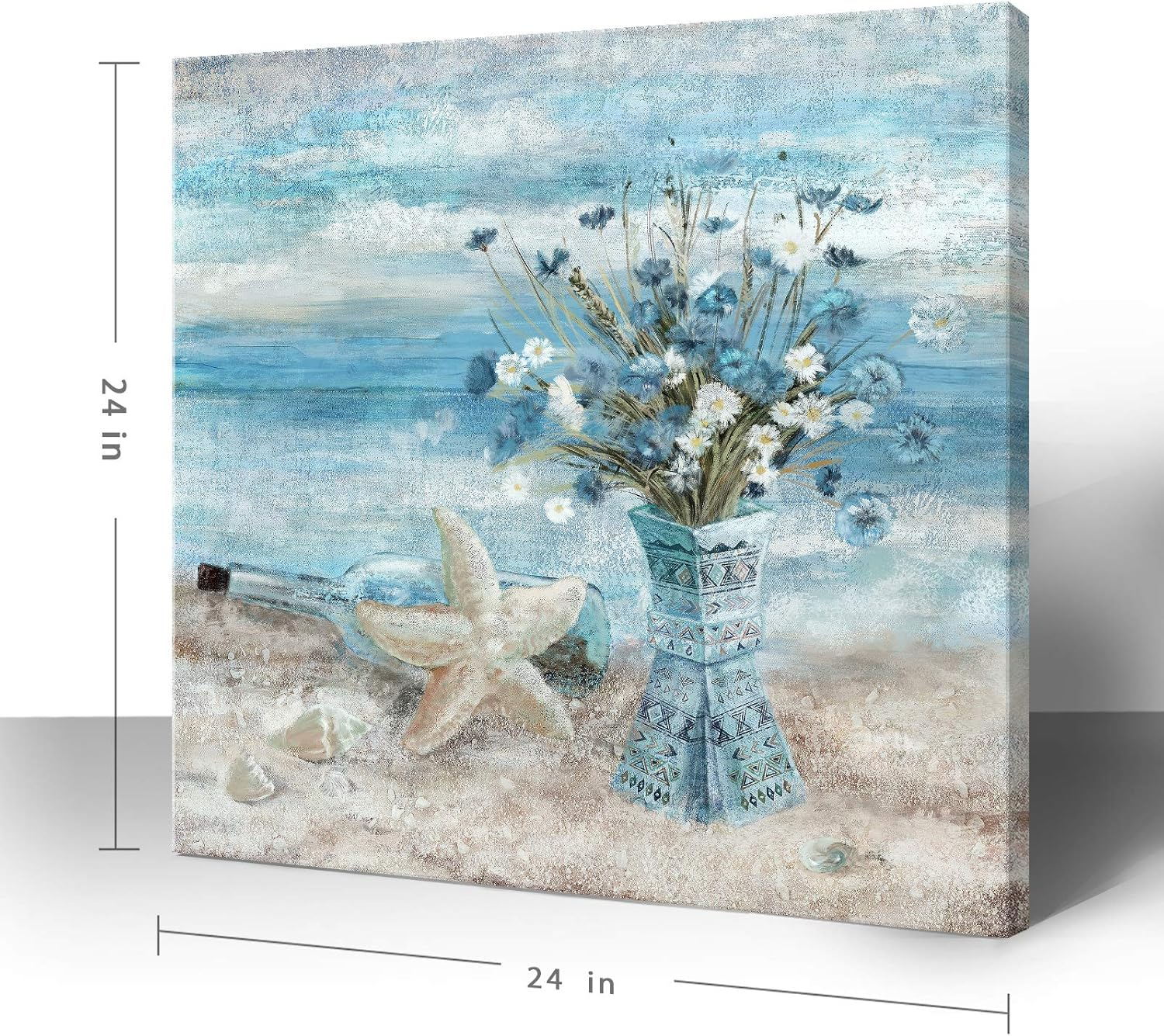 Beach Wall Art for Living Room Blue Ocean Theme Canvas Print Modern Abstract Coastal Picture Seascape Painting Daisy Flower in Indian Vase Framed Artwork for Seaside Bedroom Bathroom Office 24x24inch