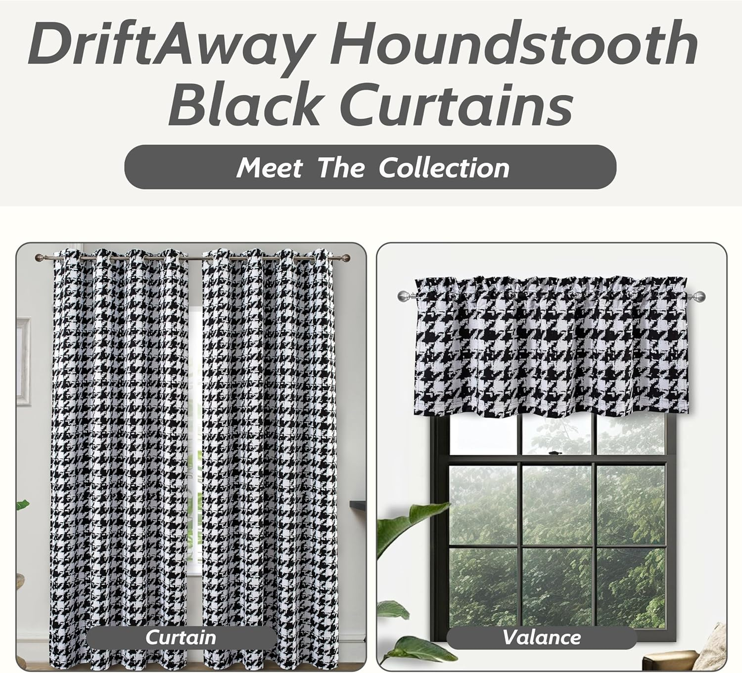 DriftAway Houndstooth Check Plaid Window Valances Black and White Farmhouse Window Treatment Decor Curtains Vintage Gingham Rod Pocket Valances for Kitchen Living Room Café Curtains 1 Panel