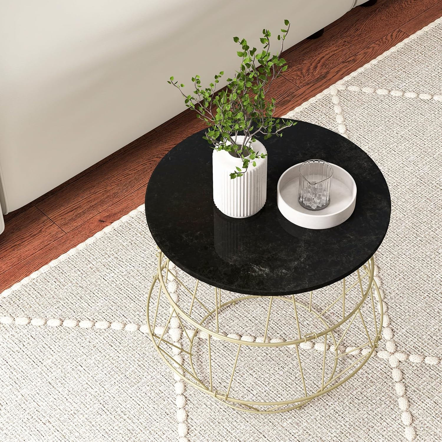 Giantex Faux Marble Coffee Table, Round Side End Table with Gold Metal Frame & Removeable Top, Modern Sofa Accent Bedside Table for Living Room, Bedroom, Small Space, Easy Installation (1)