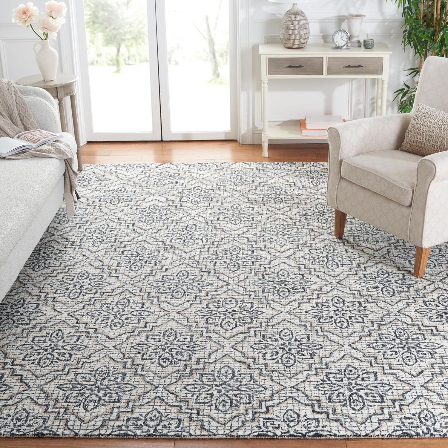 SAFAVIEH Abstract Drew Abstract Wool Area Rug, Ivory/Navy, 8' x 10'
