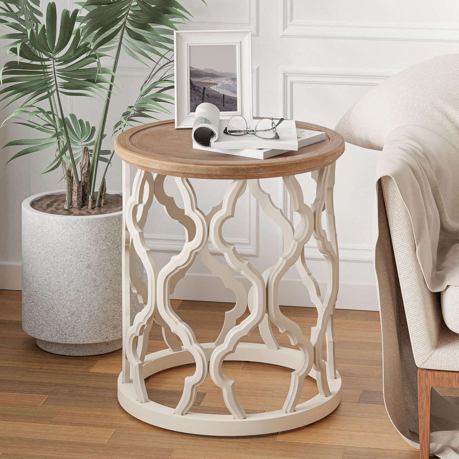 Round Natural Wood Coffee Table with Curved Motif Frame