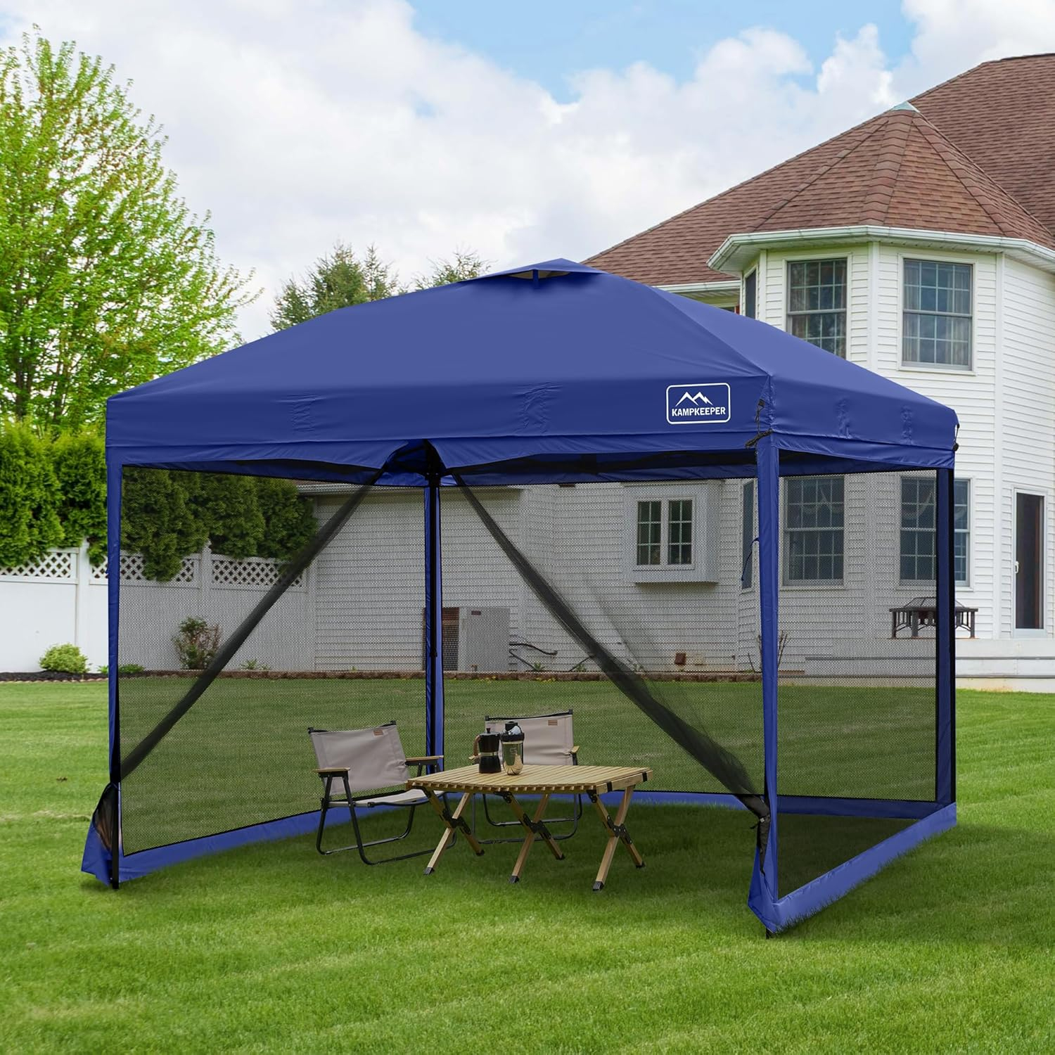 KAMPKEEPER 10x10 Pop Up Canopy Tent with Mosquito Netting - Waterproof Screen Shelter for Sun Shade, Camping, Beach and Outdoor Events, Navy Blue