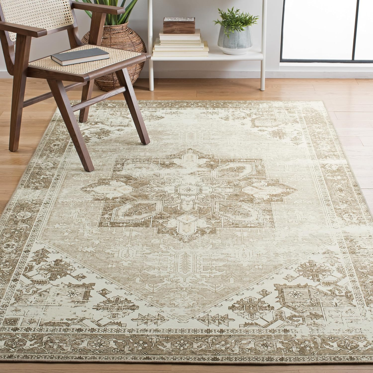 SAFAVIEH Tucson Jayla Oriental Machine Washable Area Rug, Sage/Ivory, 6' x 8'