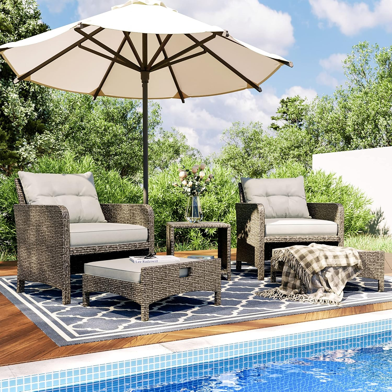 Pamapic 5 Pieces Outdoor Patio Wicker Chairs Set with Ottoman Outside Conversation Furniture Set with Cushions and Coffee for Balcony Porch Lawn Garden Table(Grey Cushion+Light Grey Rattan)