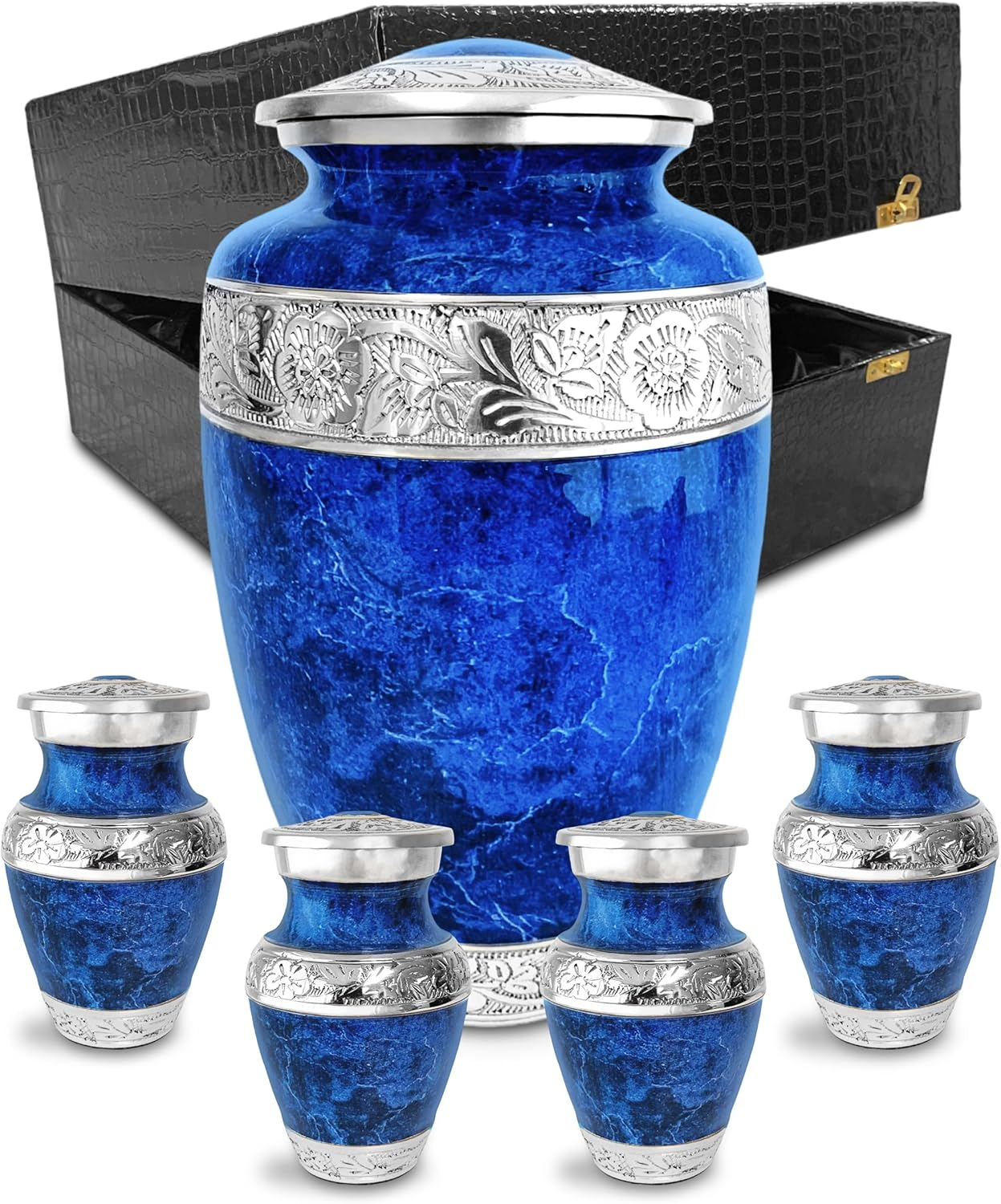 Blue Marble and Silver Decorative Cremation Urn Set