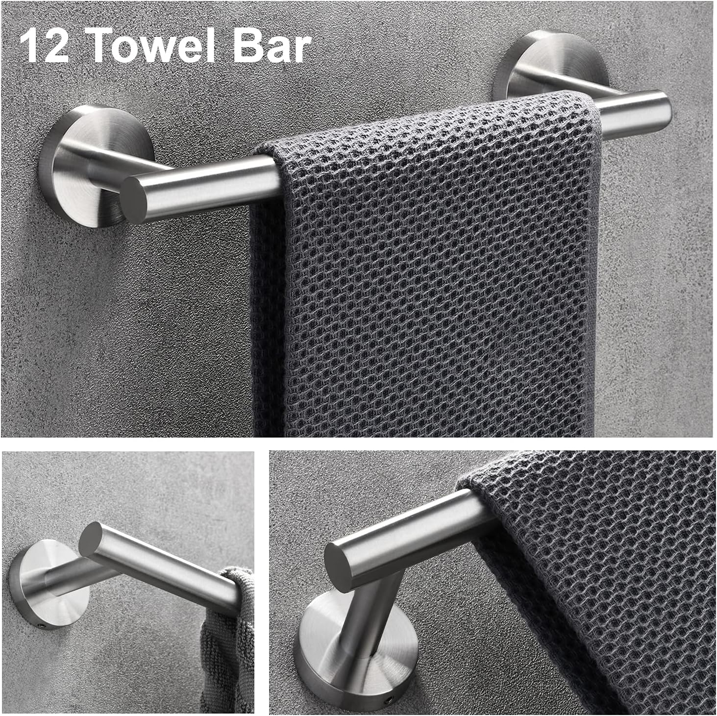 Nolimas 3-Pieces Set Brushed Nickel Bathroom Hardware SUS304 Stainless Steel Round Wall Mounted - Includes 12" Hand Towel Bar, Toilet Paper Holder, Robe Towel Hooks,Bathroom Accessories Kit
