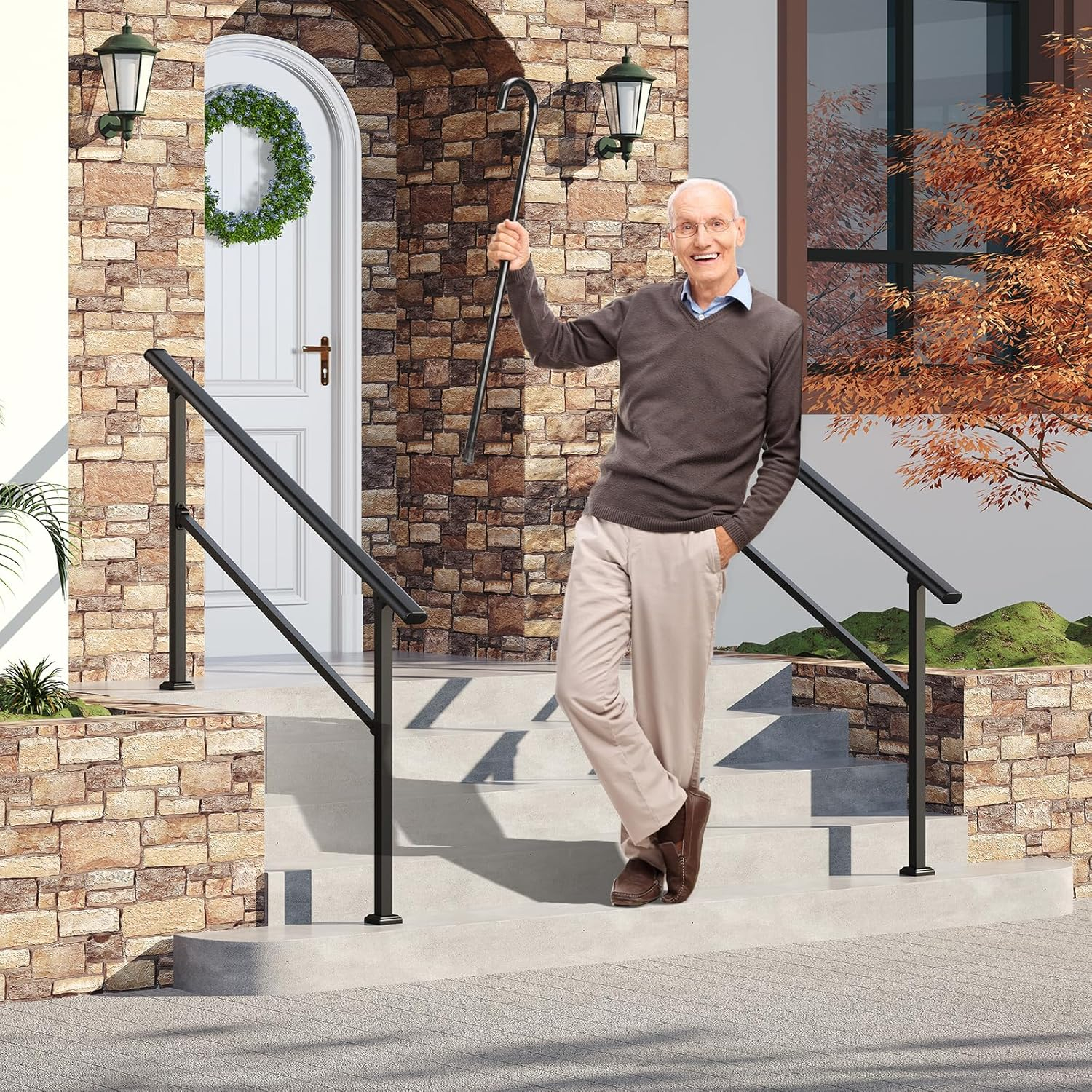 ROOMTEC 2 Pack 5 Step Handrails - Outdoor Safety Hand Rails, Black Wrought Iron Stair Railing Kit (4-5 Steps)