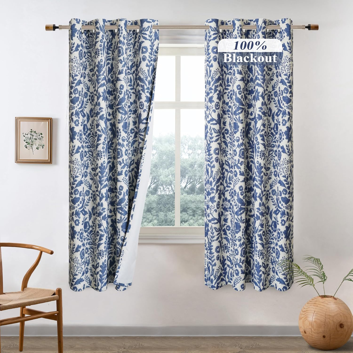 DriftAway Julia Watercolor Blackout Room Darkening Grommet Lined Thermal Insulated Energy Saving Window Curtains 2 Layers 2 Panels Each Size 96"L x 52"W Navy