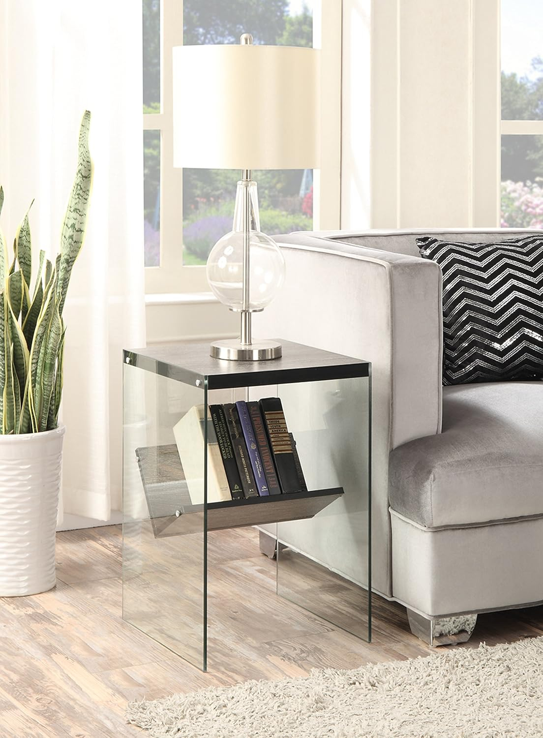Convenience Concepts SoHo Glass End Table with Shelf, Weathered Gray/Glass