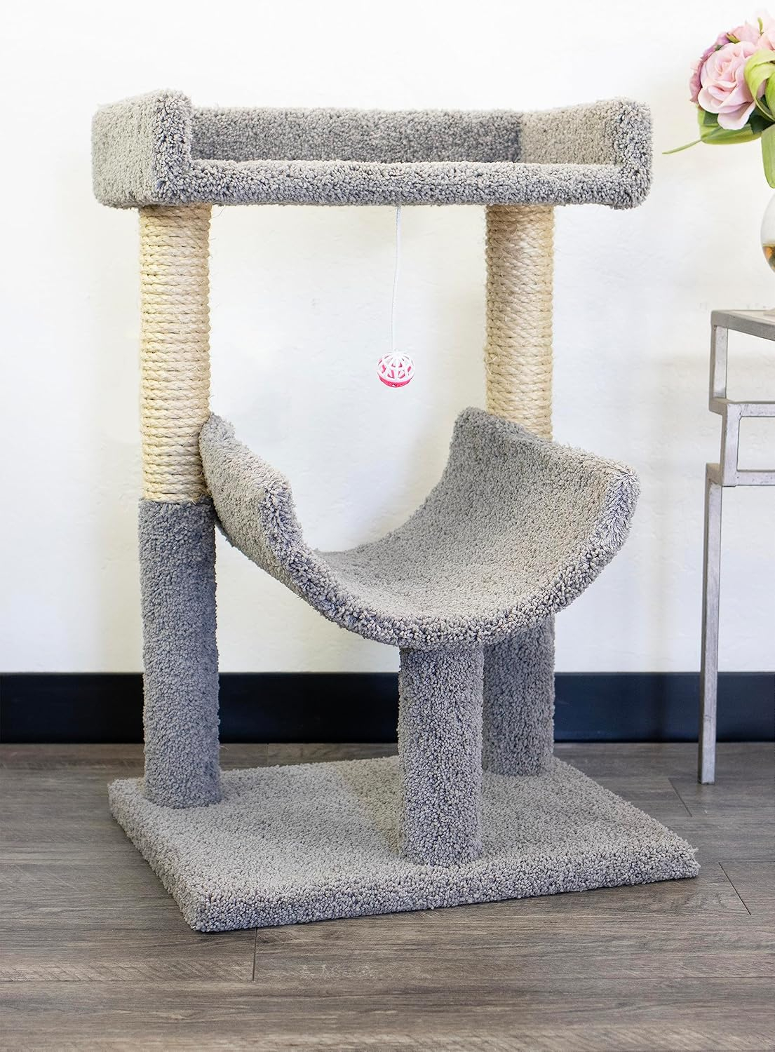 Gray Carpeted Cat Window Perch with Sisal Posts
