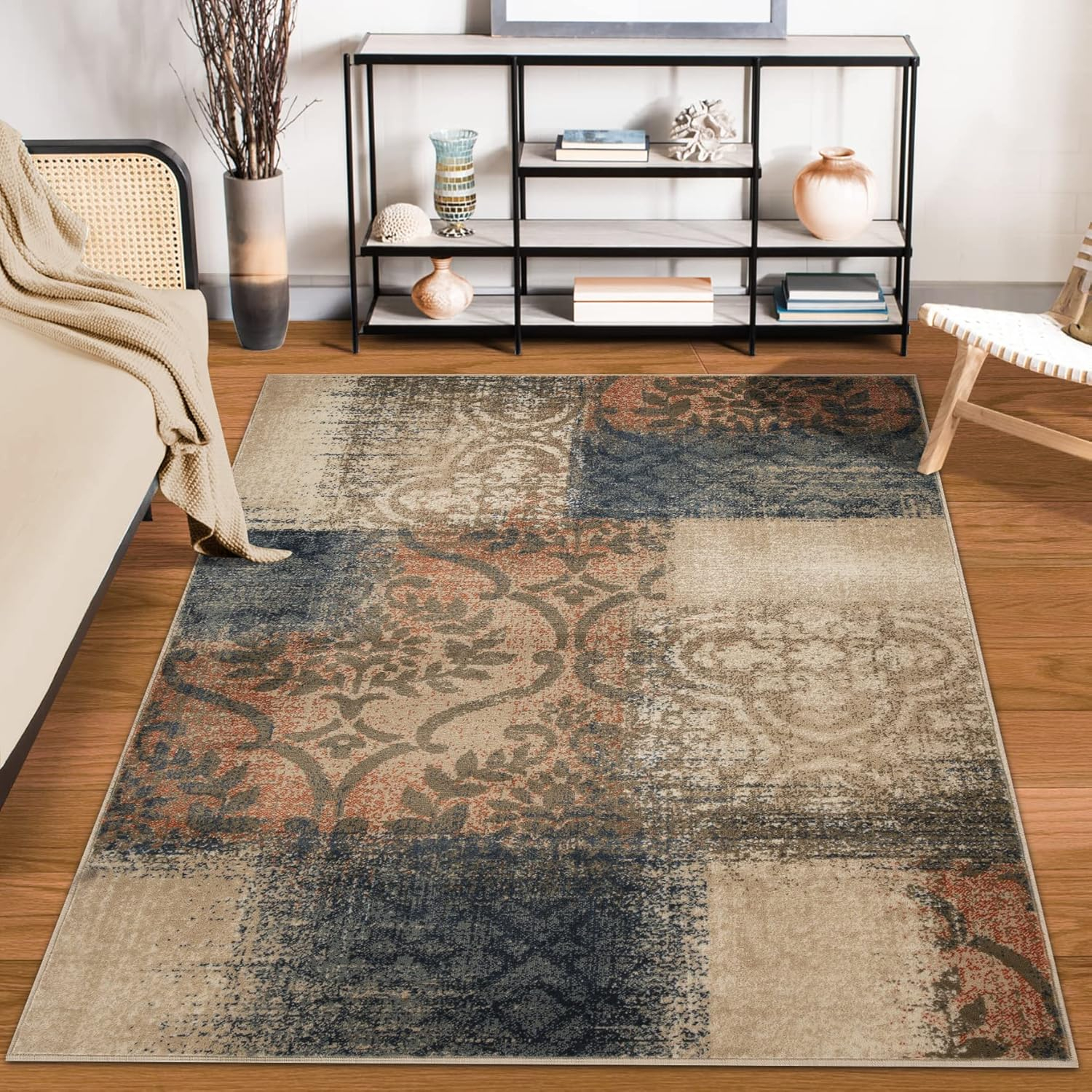 Superior Bristol 8' x 10' Indoor Area Rug, Damask Rugs for Living Room Bedroom, Midnight Navy-Salmon