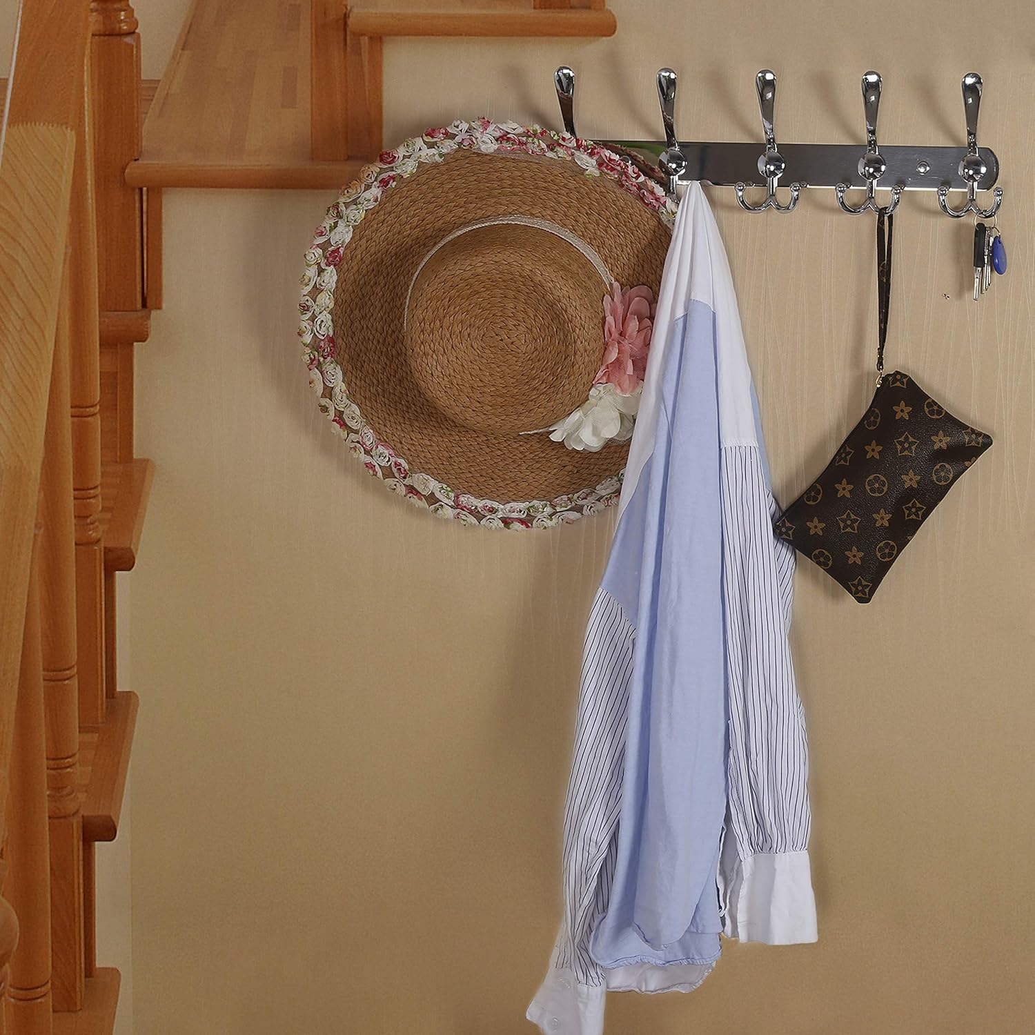 Dseap Wall Mounted Coat Rack - 5 Tri Hooks, Heavy Duty, Stainless Steel, Metal Coat Hook Rail for Coat Hat Towel Purse Robes Mudroom Bathroom Entryway (Chromed, 2 Packs)