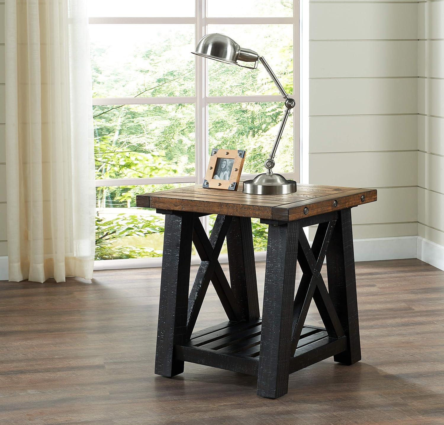 End Table with Slatted Shelf and X Legs, Brown and Black- Saltoro Sherpi
