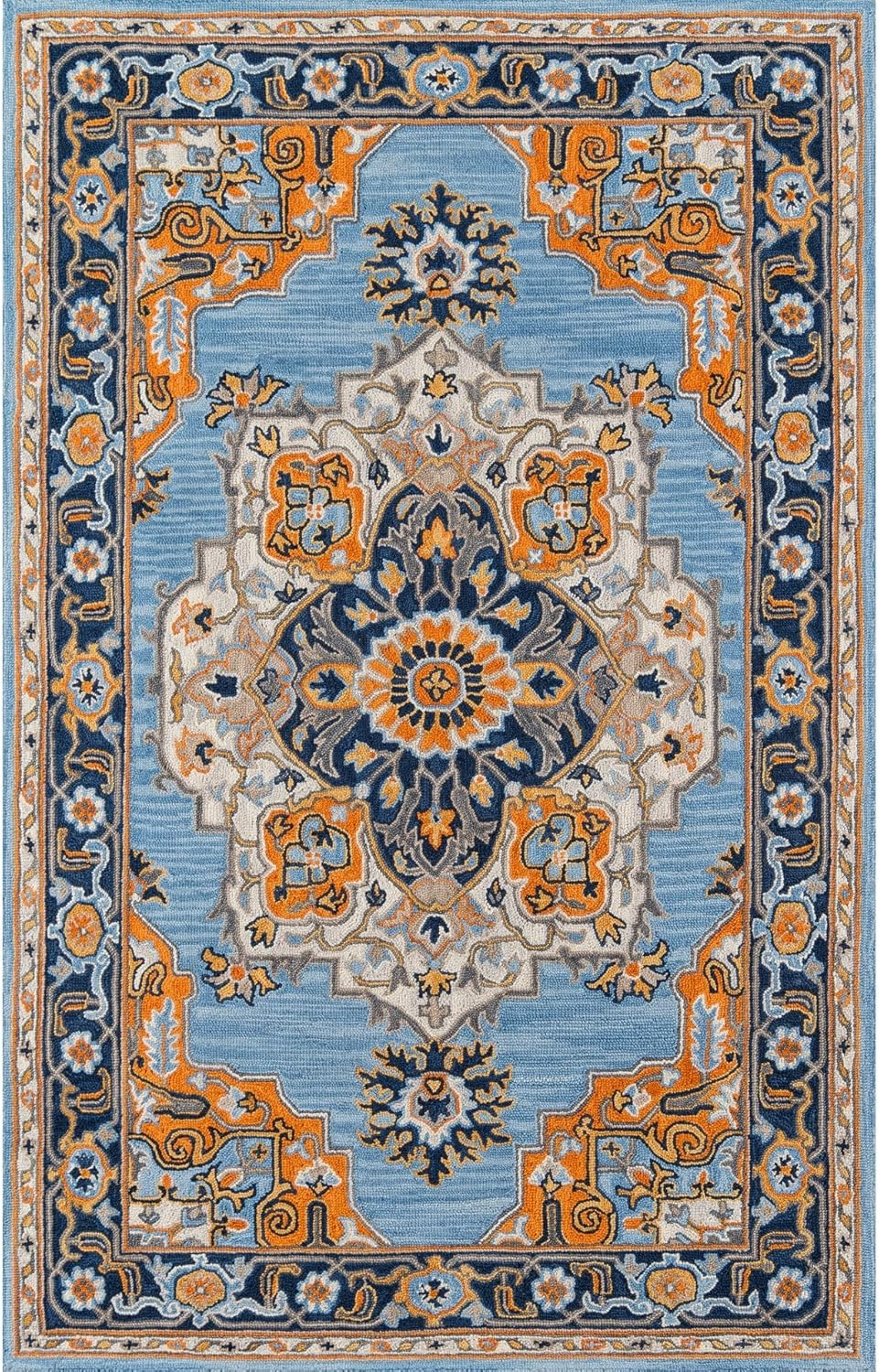 Momeni  Ibiza Hand-tufted Traditional Medallion Wool Area Rug Blue 2' x 3' 2' x 3' Indoor,Accent Orange Rectangle