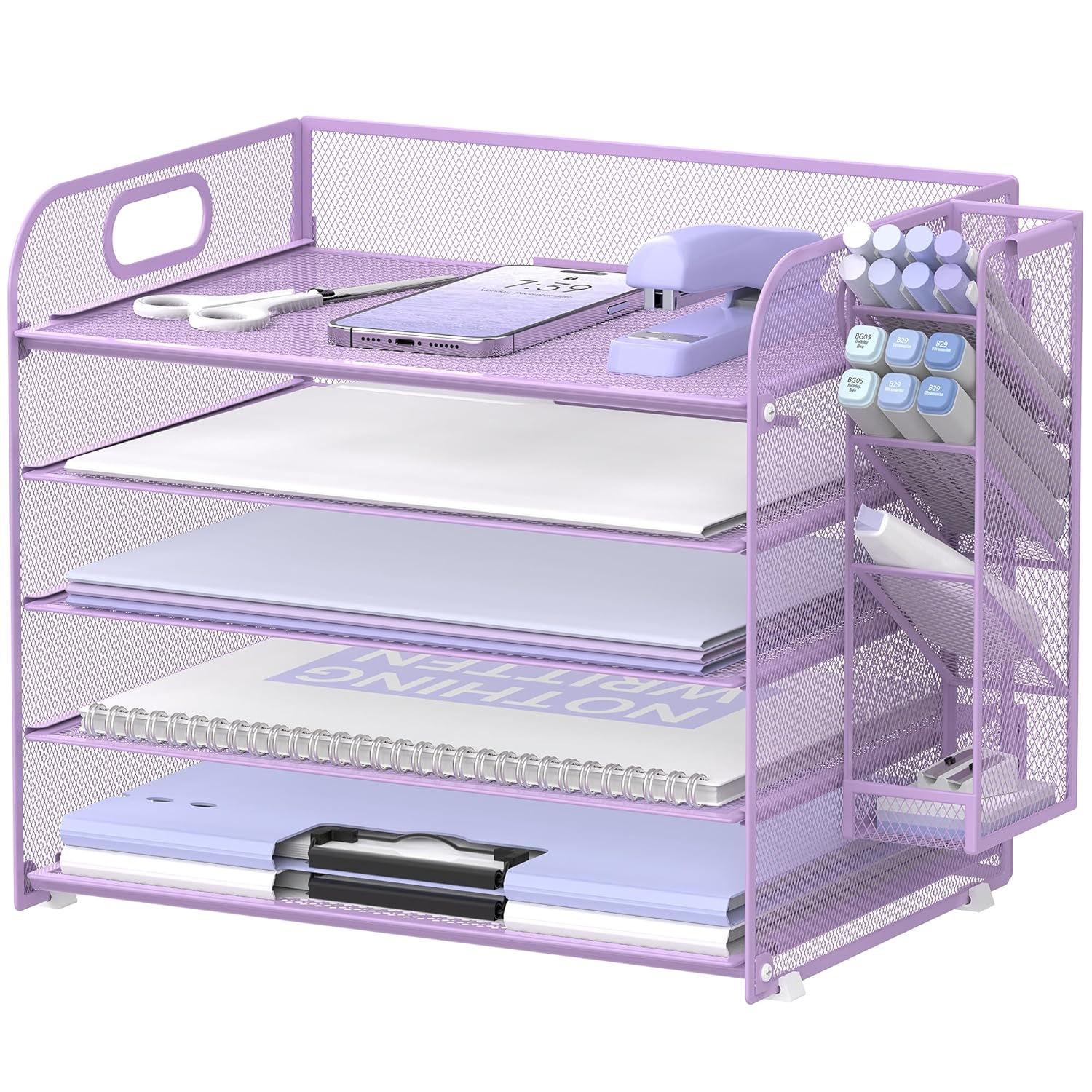 Marbrasse Paper Organizer Letter Tray, 5 Tier Mesh File Organizer with Handle, Paper Sorter Desk Organizer for Home Office Supplies - Purple