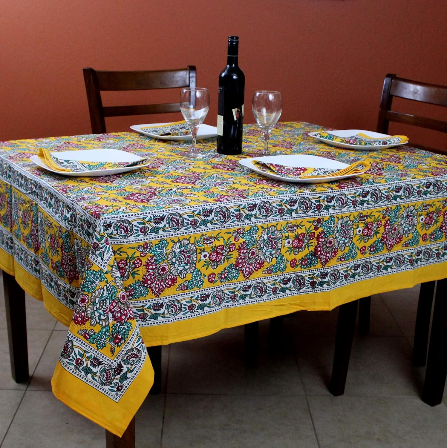 India Arts French Country Floral Print Tablecloth Square Cotton Table Linen Beach Sheet Beach Throw (Yellow, Tablelcoth 72 x 72 inches)