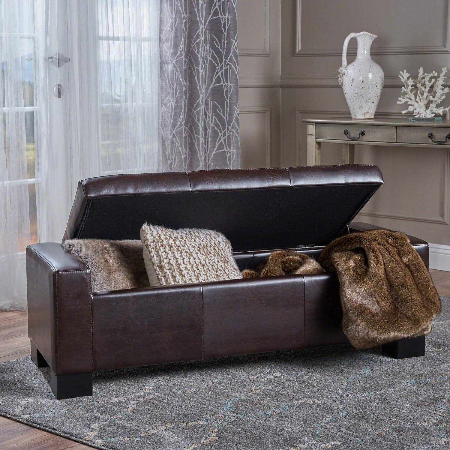 Christopher Knight Home Guernsey Bonded Leather Storage Ottoman Bench, Chocolate Brown 51 by 20 by 17
