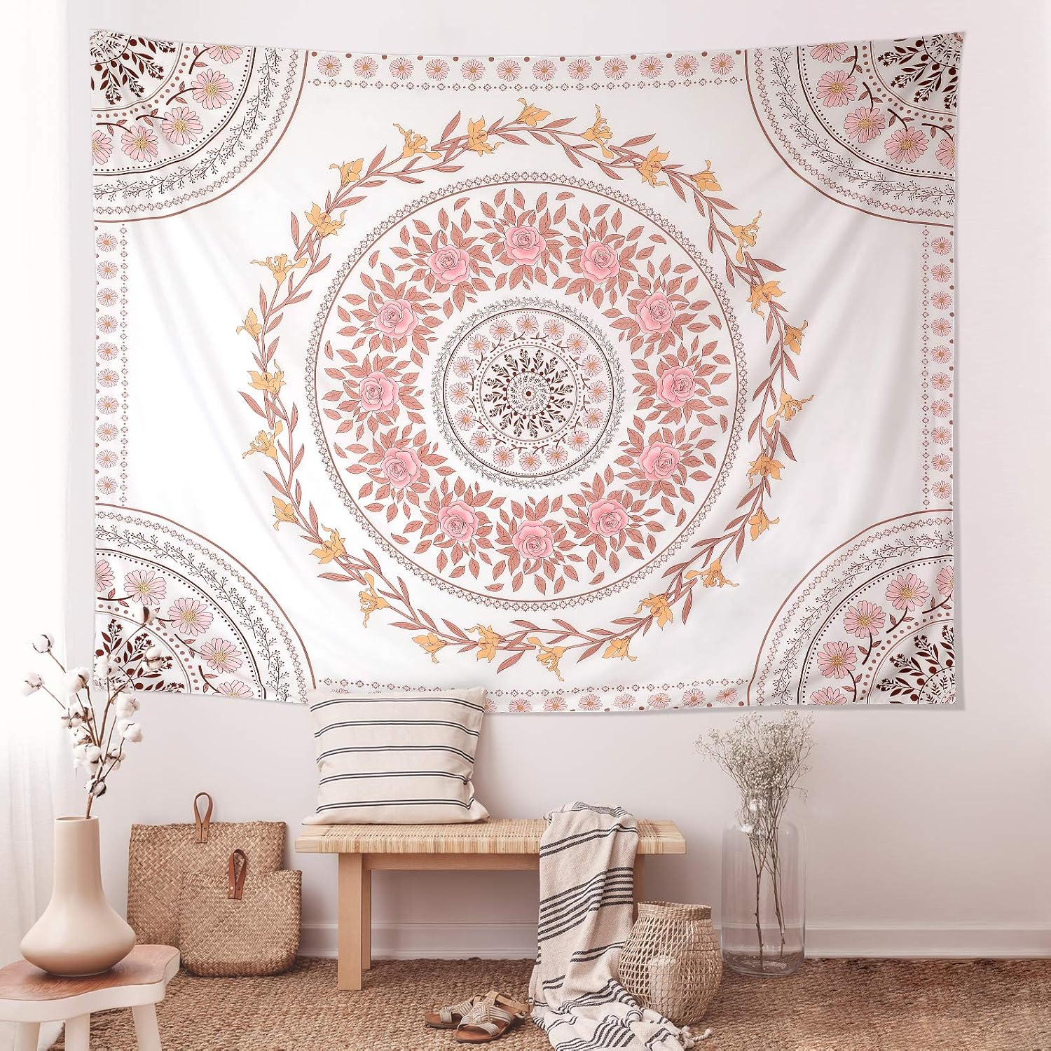 Mandala Tapestry Aesthetic,Boho Tapestry Wall Hanging,Pink Floral Medallion Tapestries,Bohemian Wall Art Hippie Decor for Bedroom Living Room Dorm 51"x59"