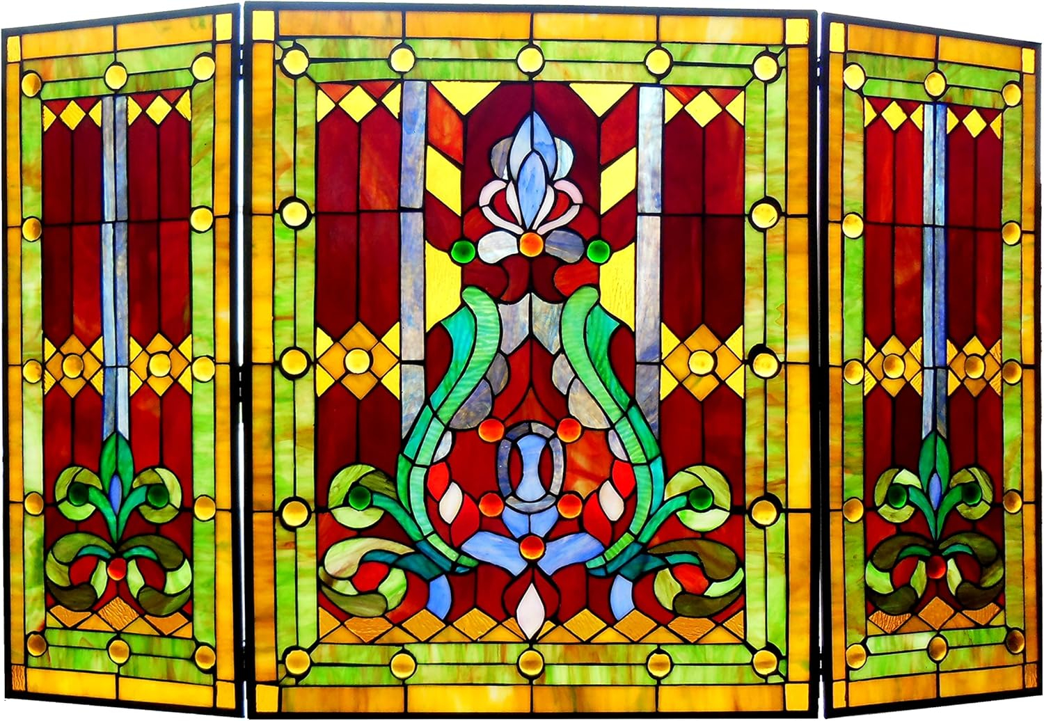 Chloe Lighting Tiffany-Glass 3pcs Folding Victorian Fireplace Screen 44" Wide
