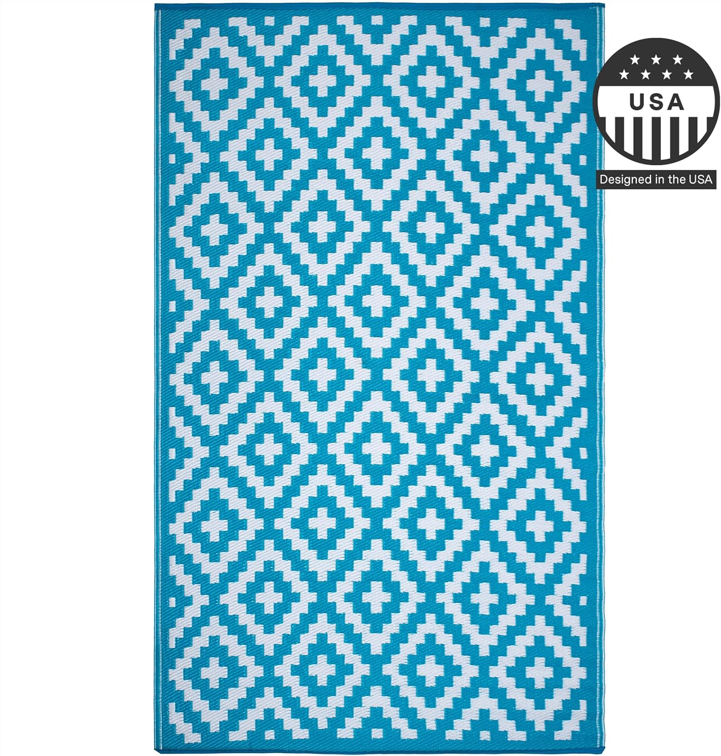 FH Home Outdoor Rug - Waterproof, Fade Resistant, Reversible - Premium Recycled Plastic - Geometric - Patio, Porch, Deck, Balcony - Aztec - Teal & White Crease Free - 5 x 8 ft