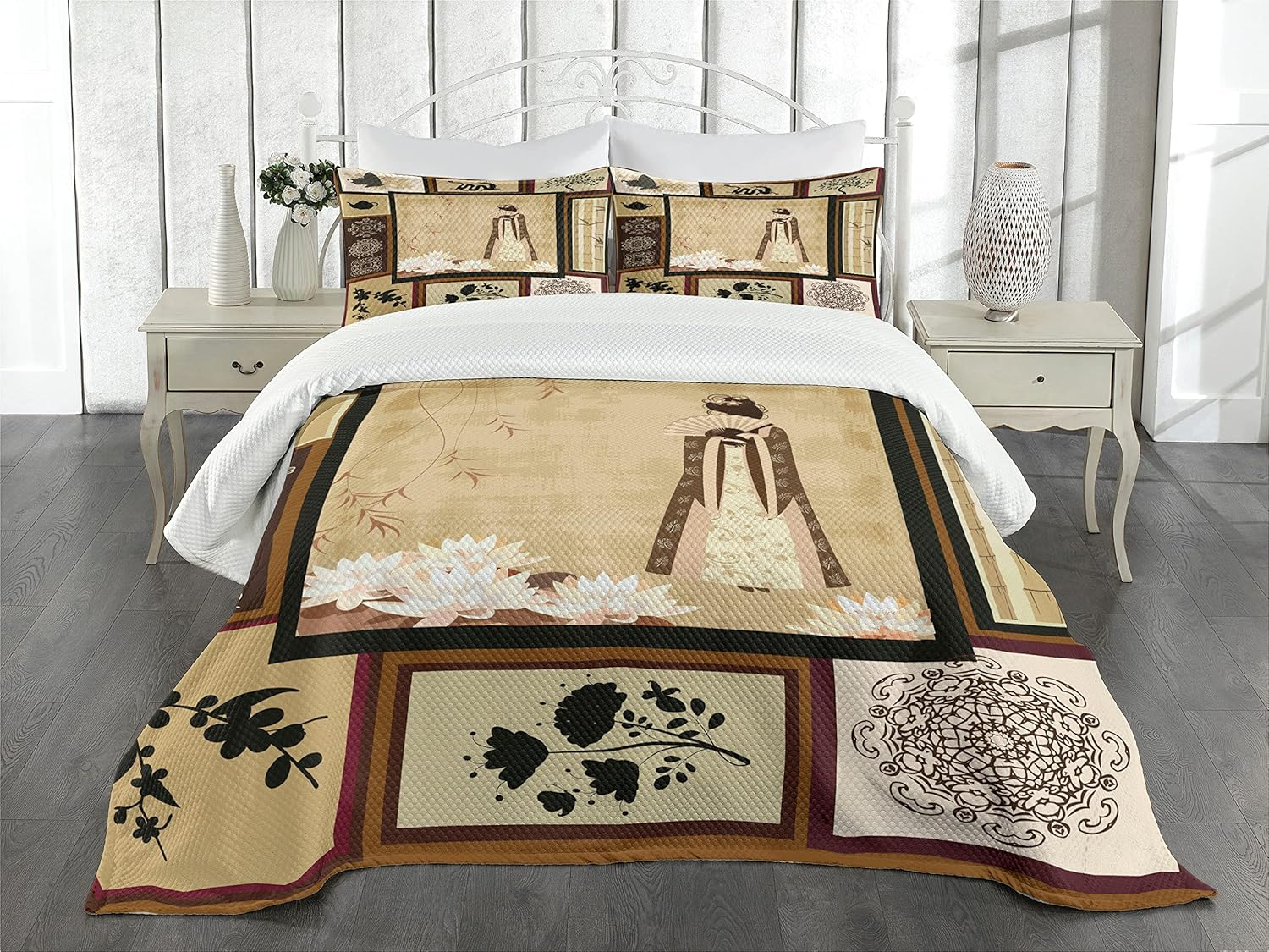 Ambesonne Eastern Quilted Coverlet 3 Pcs, Girl in Dress Cultural, King Size, Multicolor