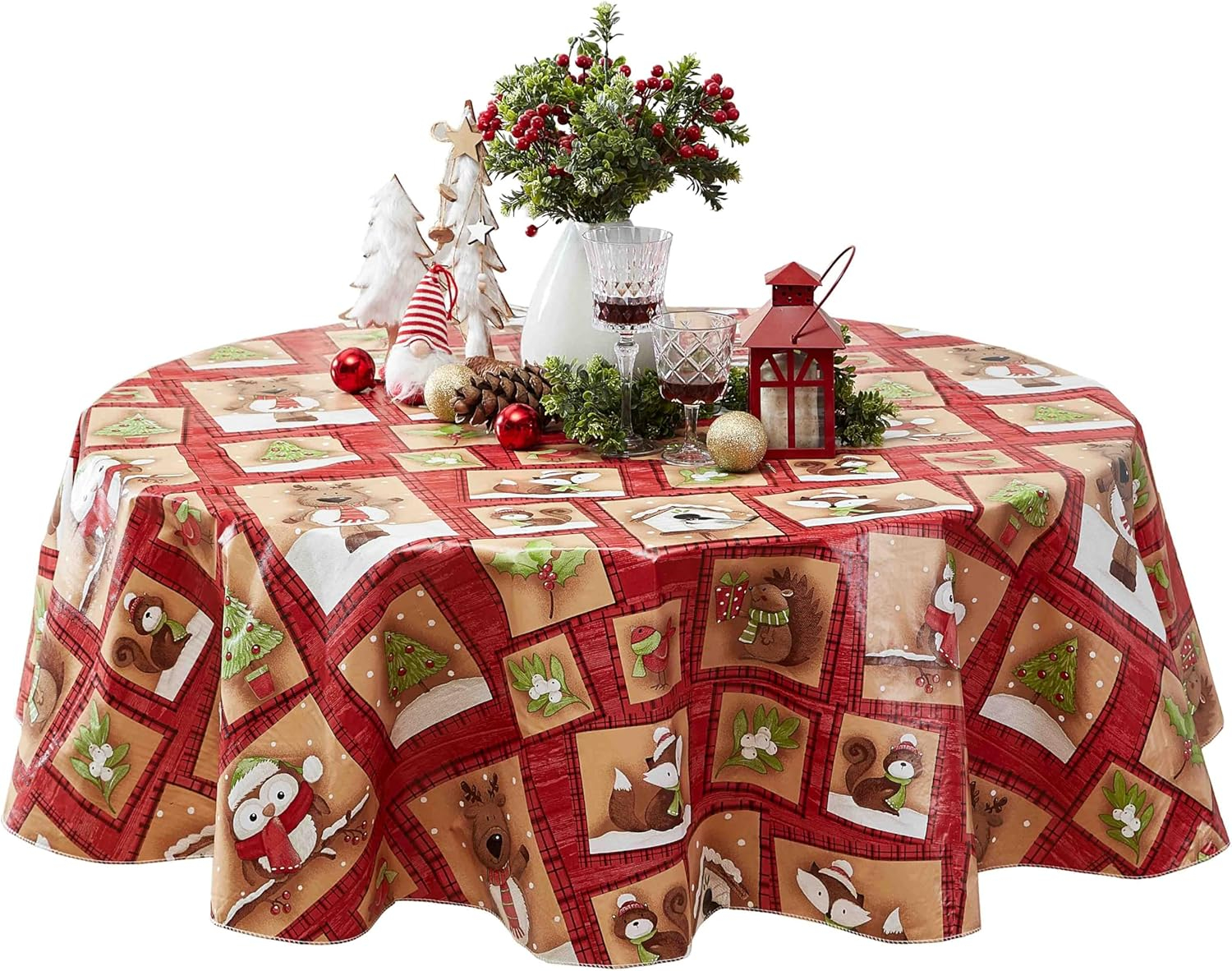 Newbridge Holiday Forest Friends Cottage Style Flannel Back Vinyl Christmas Tablecloth - Adorable Forest Animal Print Wipe Clean Easy Care Kitchen, Dining Room Tablecloth, 70” Round